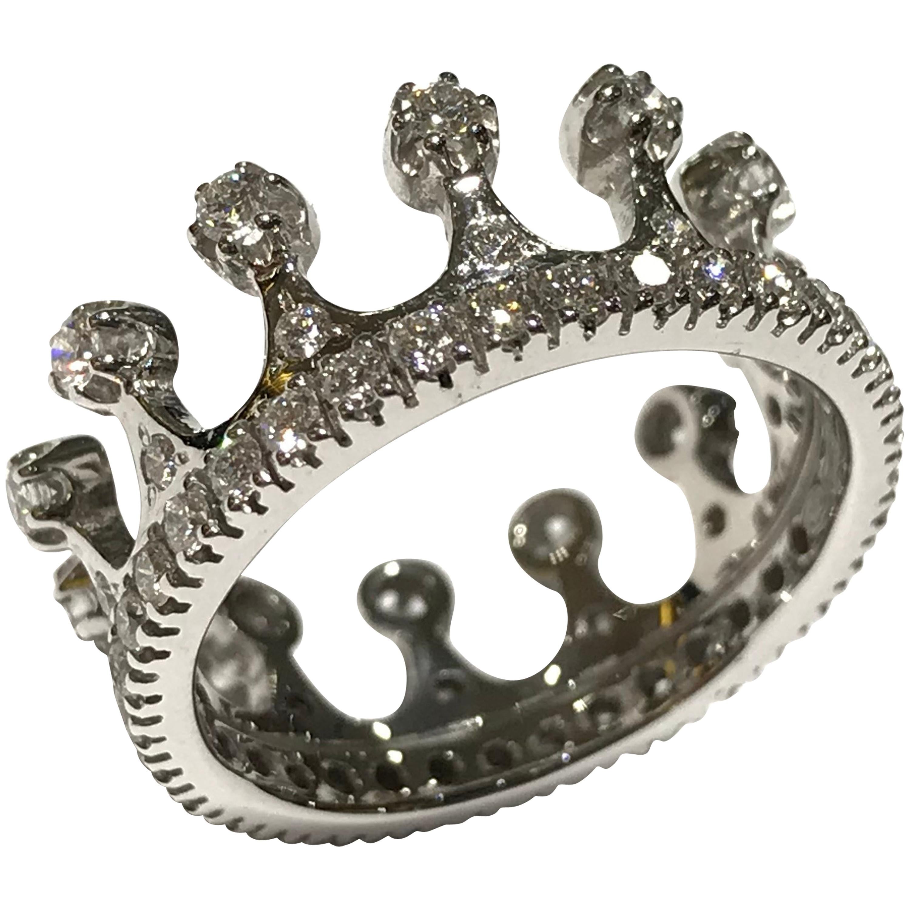 Crivelli Italian Made Crown Ring with Diamonds in 18 Carat White Gold For Sale