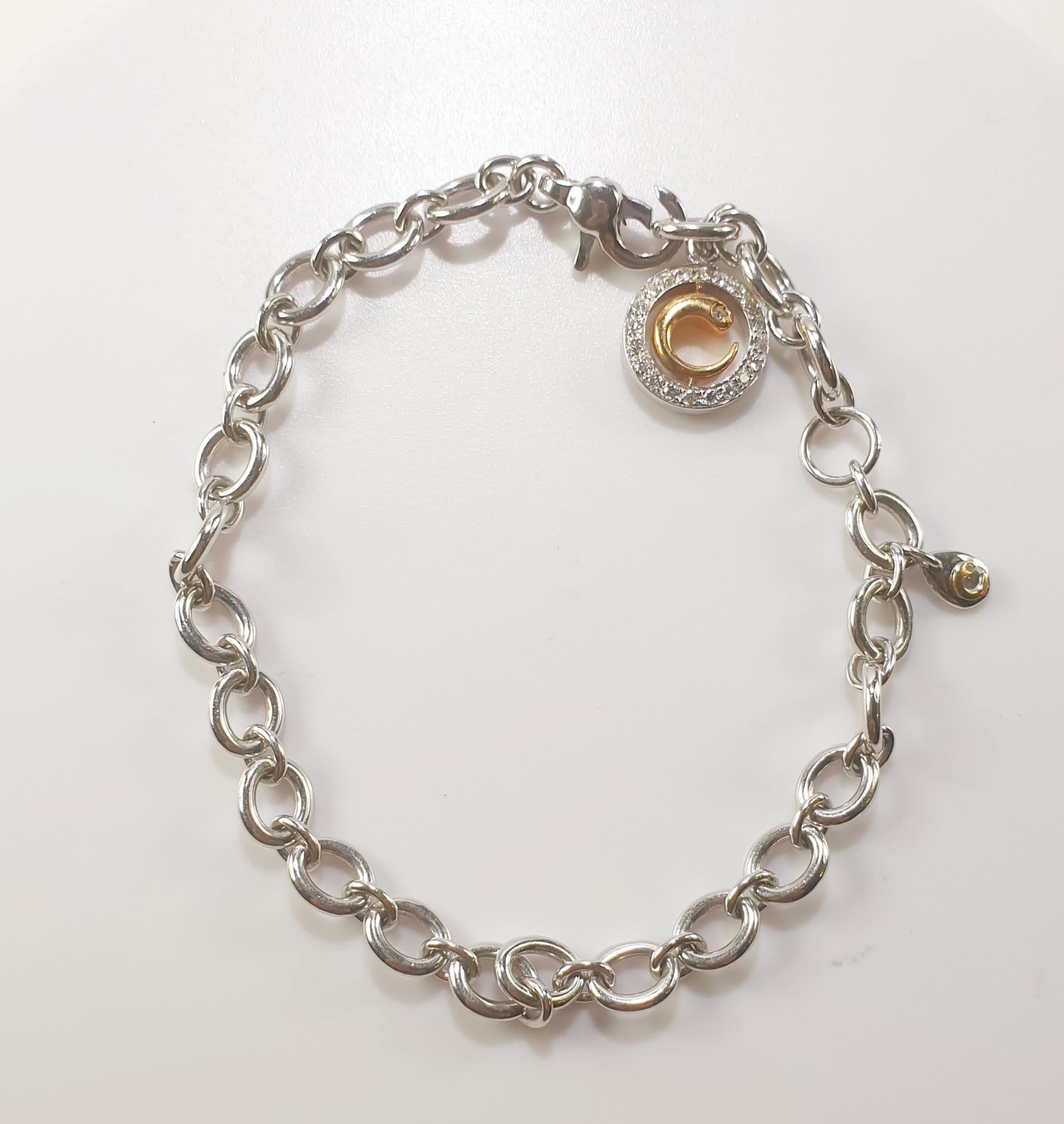 Brilliant Cut Crivelli Lock Charm Bracelet in 18 Karat White Gold and White and Black Diamonds For Sale