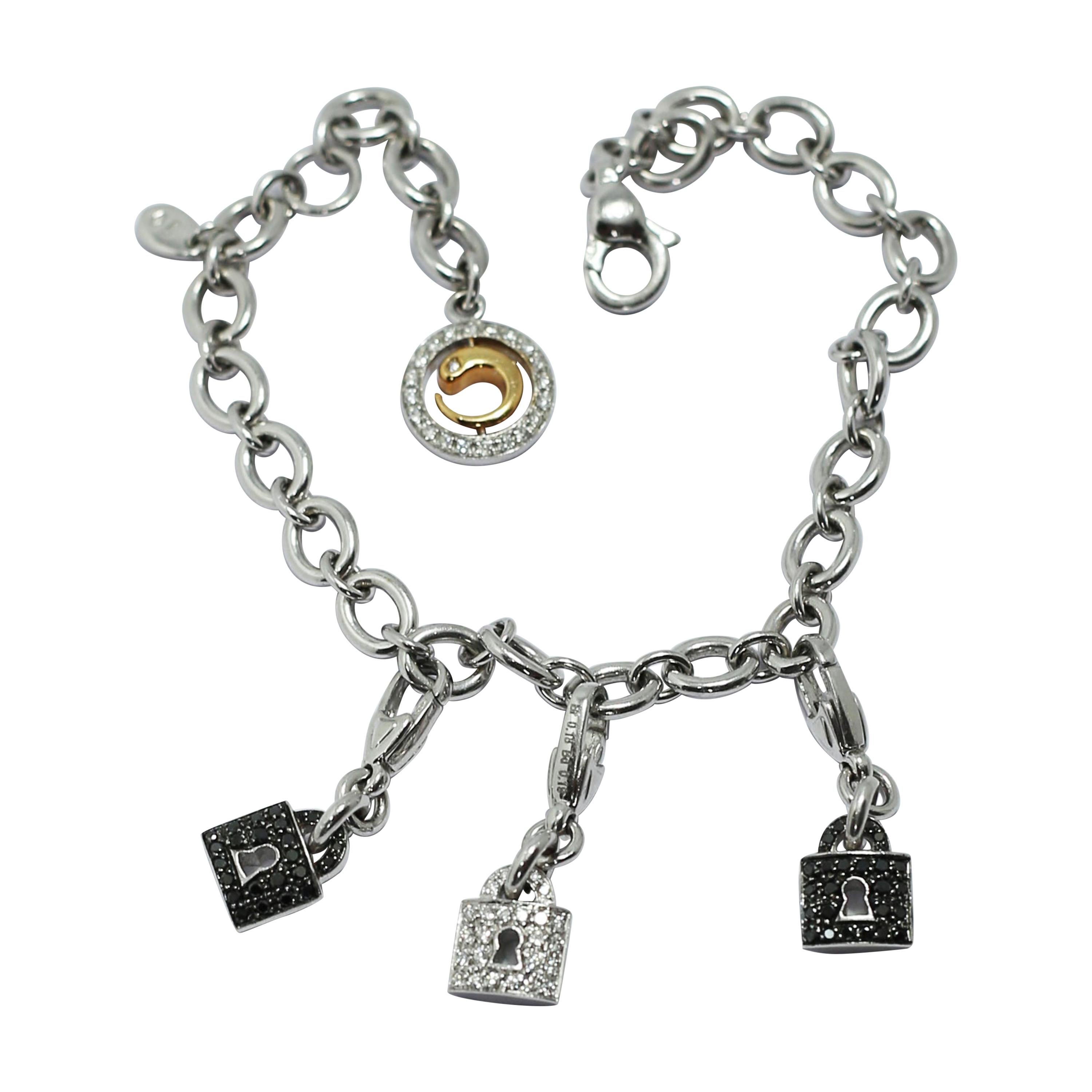 Crivelli Lock Charm Bracelet in 18 Karat White Gold and White and Black Diamonds For Sale