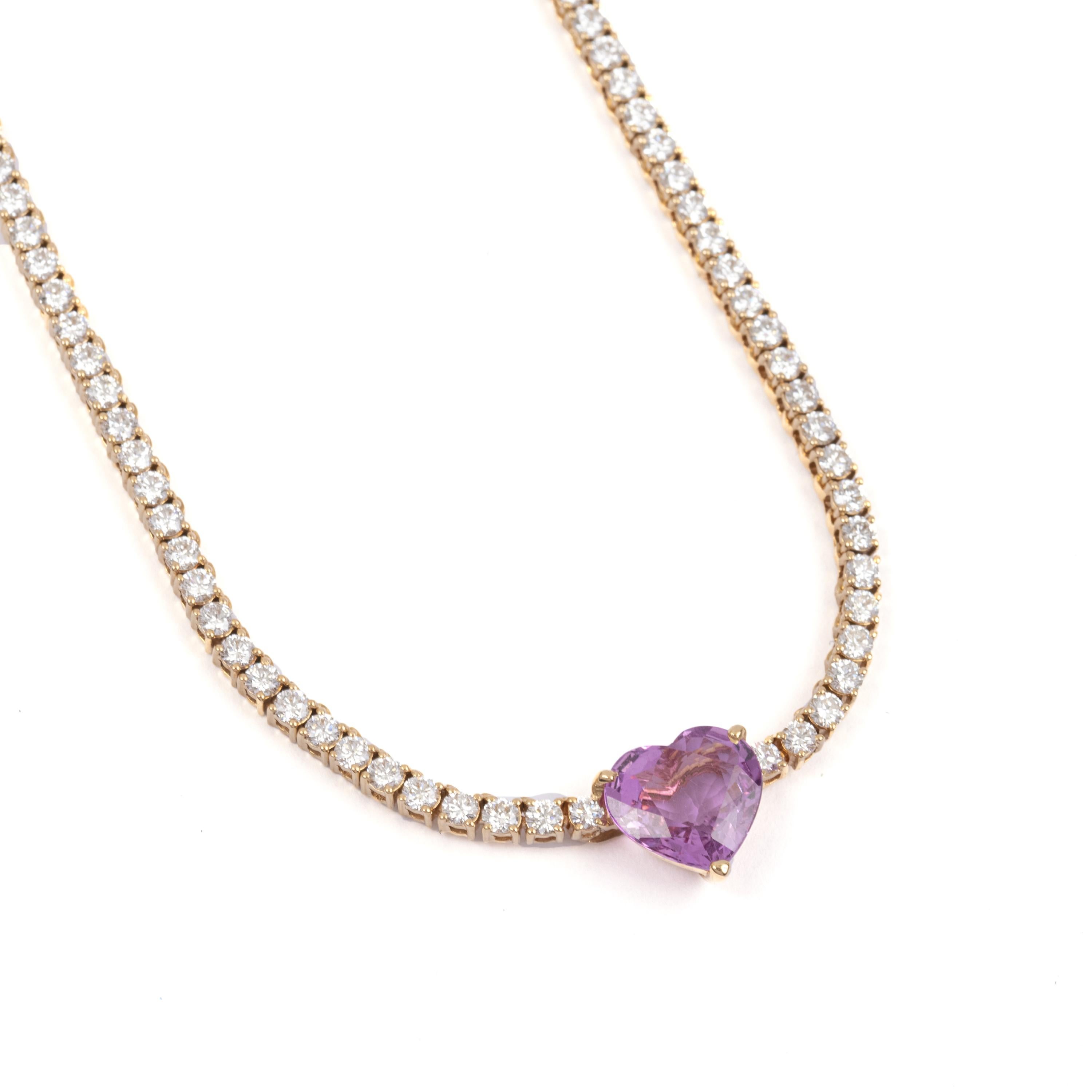 Wonderfull Tennis by Crivelli, 18 Kt rose gold 3.06 Ct pink sapphire heart 5.65 Ct Diamonds Necklace. 
