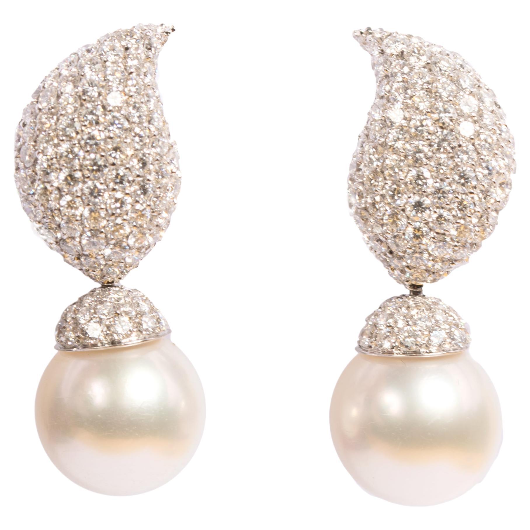 Crivelli White Gold 5.14 Carat Diamonds Pave, Pearl Earrings For Sale