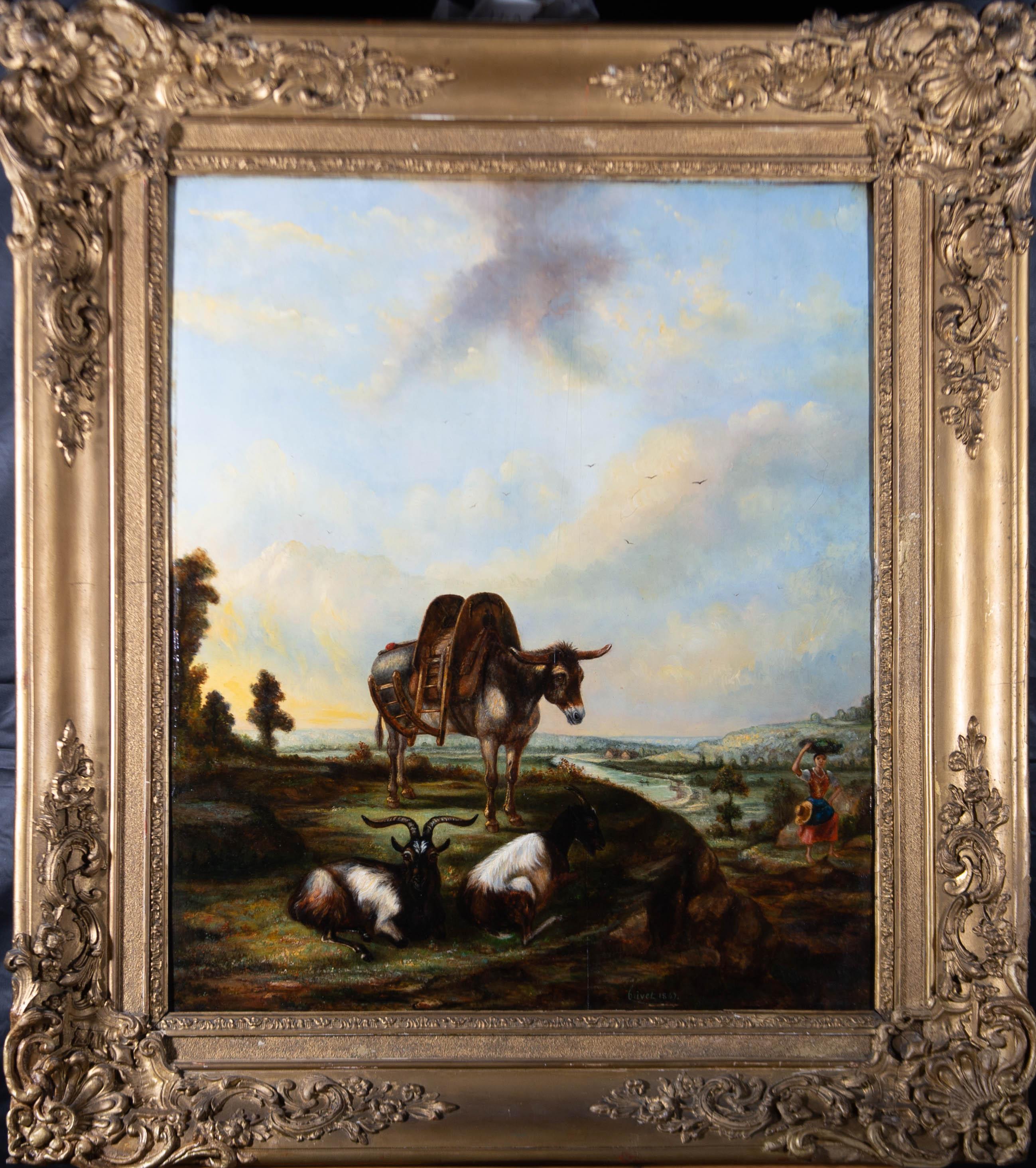 Un bel exemple de paysage à l'huile de l'école hollandaise. Un âne muni d'une selle porteuse se tient sur un affleurement rocheux au bord d'un chemin, avec deux chèvres à cornes couchées à ses pieds. On peut voir une femme se frayer un chemin sur le