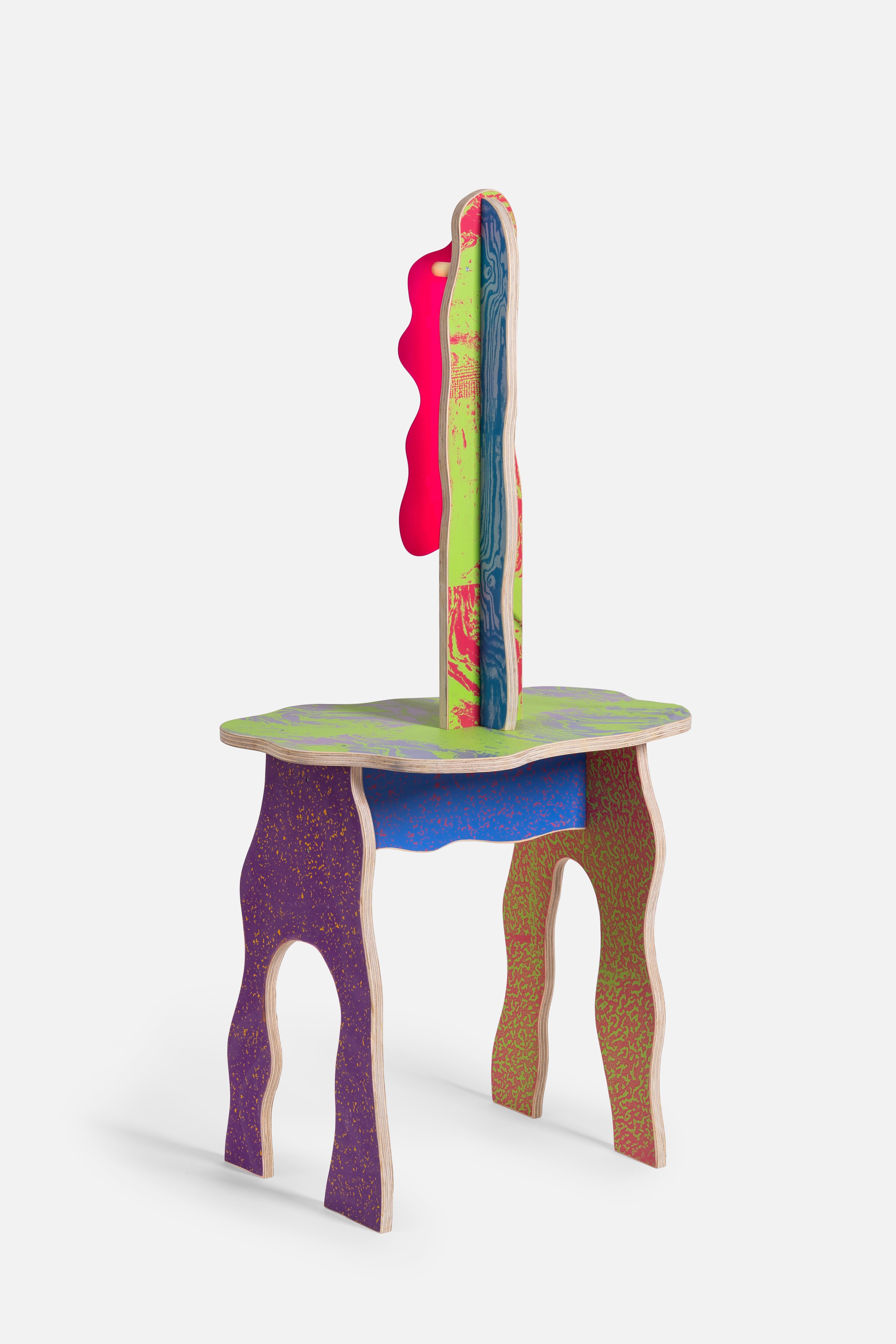 Hand-Crafted CRLL#133 / Small Table with Light / Colorful Wood Screenprinted by Hand For Sale