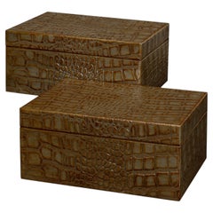 Croc Leather Box in Antique Green, Set of 2