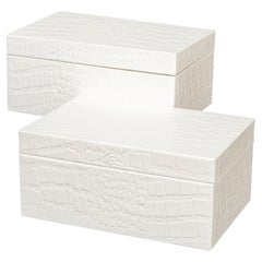 Croc Leather Box in White, Set of 2