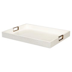 Vassoio in pelle di coccodrillo color perla con dettagli in ottone e acciaio