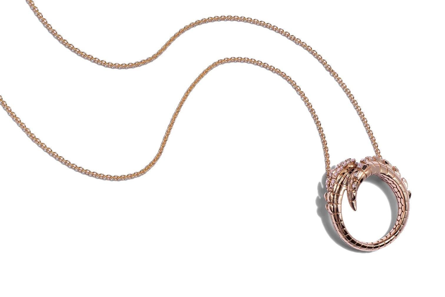 Round Cut Croc Tail Pendant in 18ct Rose Gold with Pink Argyle Diamonds For Sale