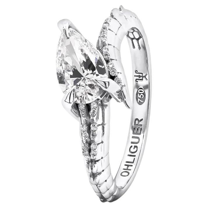 Croc Tail Ring 0.8ct Pear Cut Diamond (GIA cert) in 18ct White Gold, Ohliguer