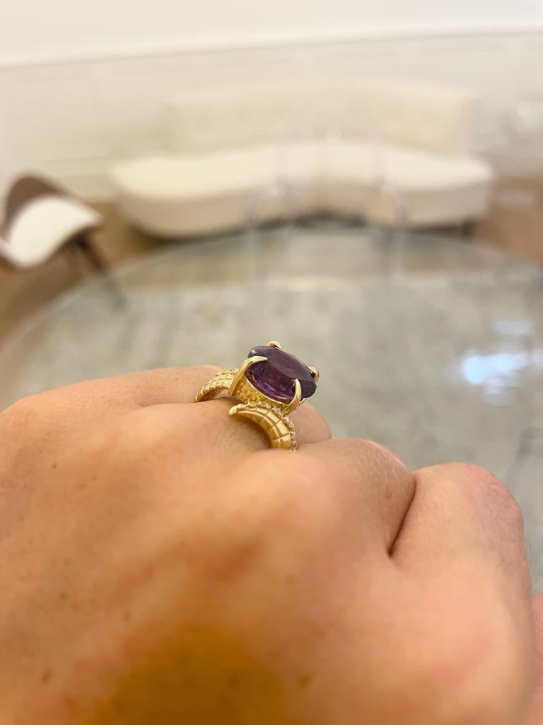 For Sale:  Croc Dragon Tail Ring with 5ct Oval Cut Amethyst with diamond spikes  11