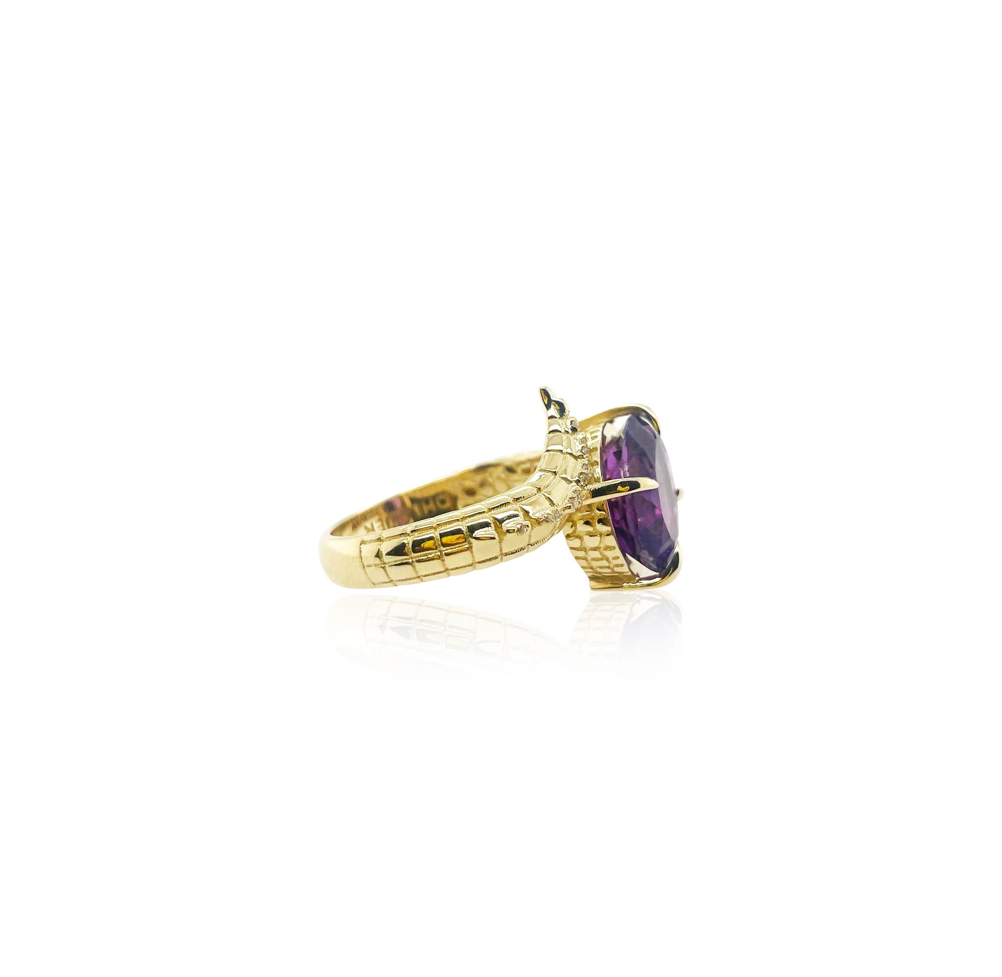 For Sale:  Croc Dragon Tail Ring with 5ct Oval Cut Amethyst with diamond spikes  4