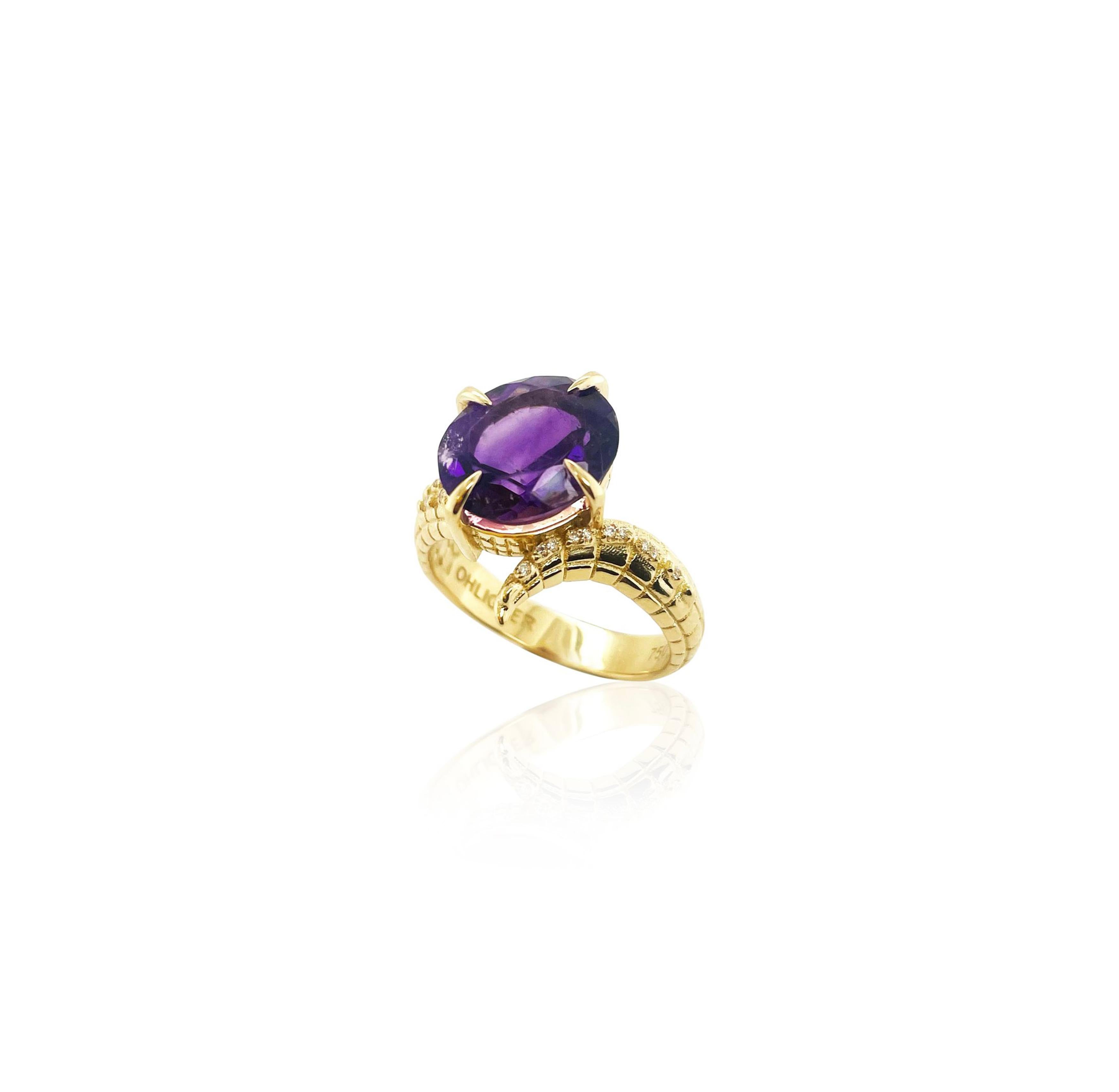 For Sale:  Croc Dragon Tail Ring with 5ct Oval Cut Amethyst with diamond spikes  6