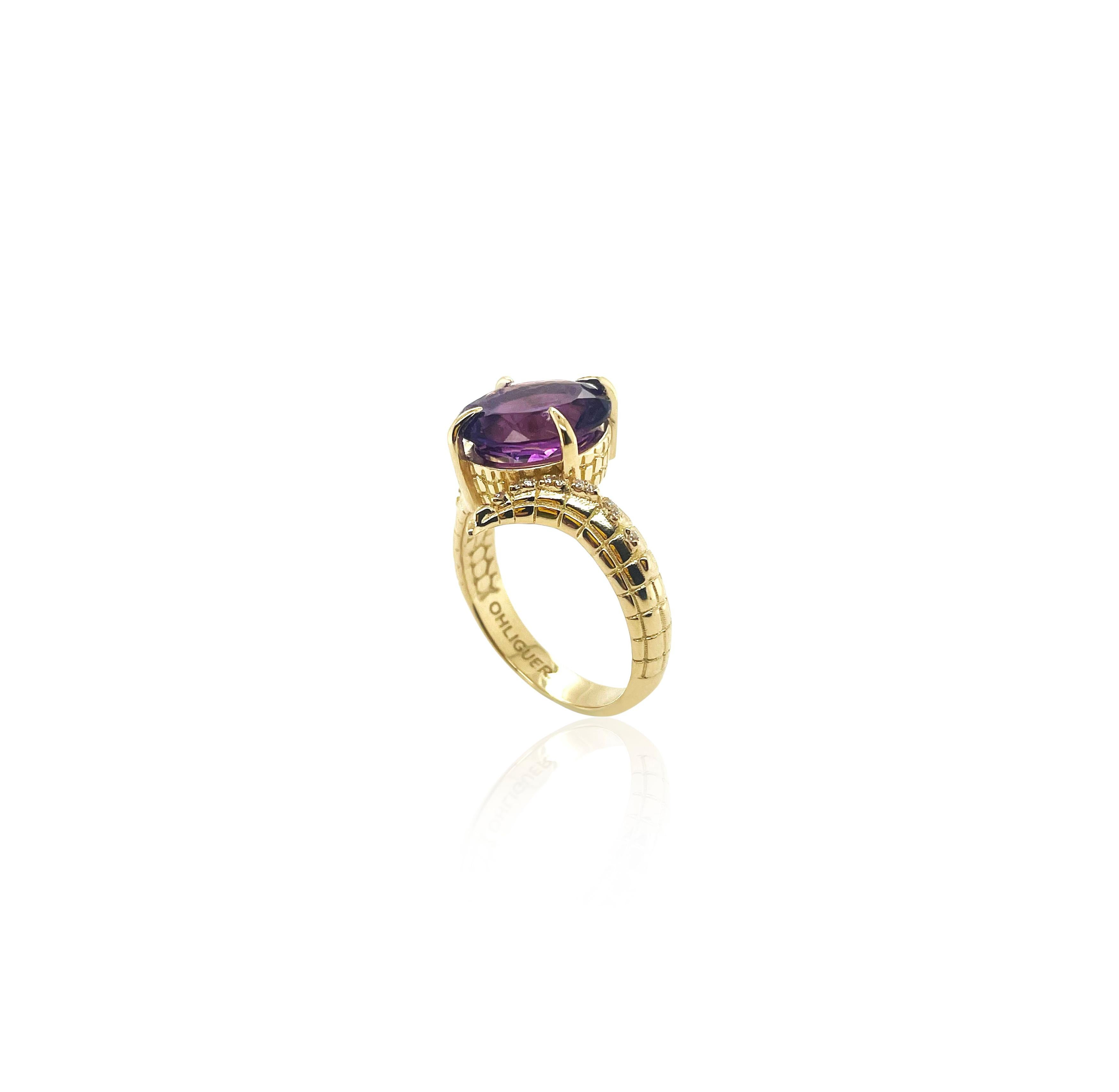 For Sale:  Croc Dragon Tail Ring with 5ct Oval Cut Amethyst with diamond spikes  7