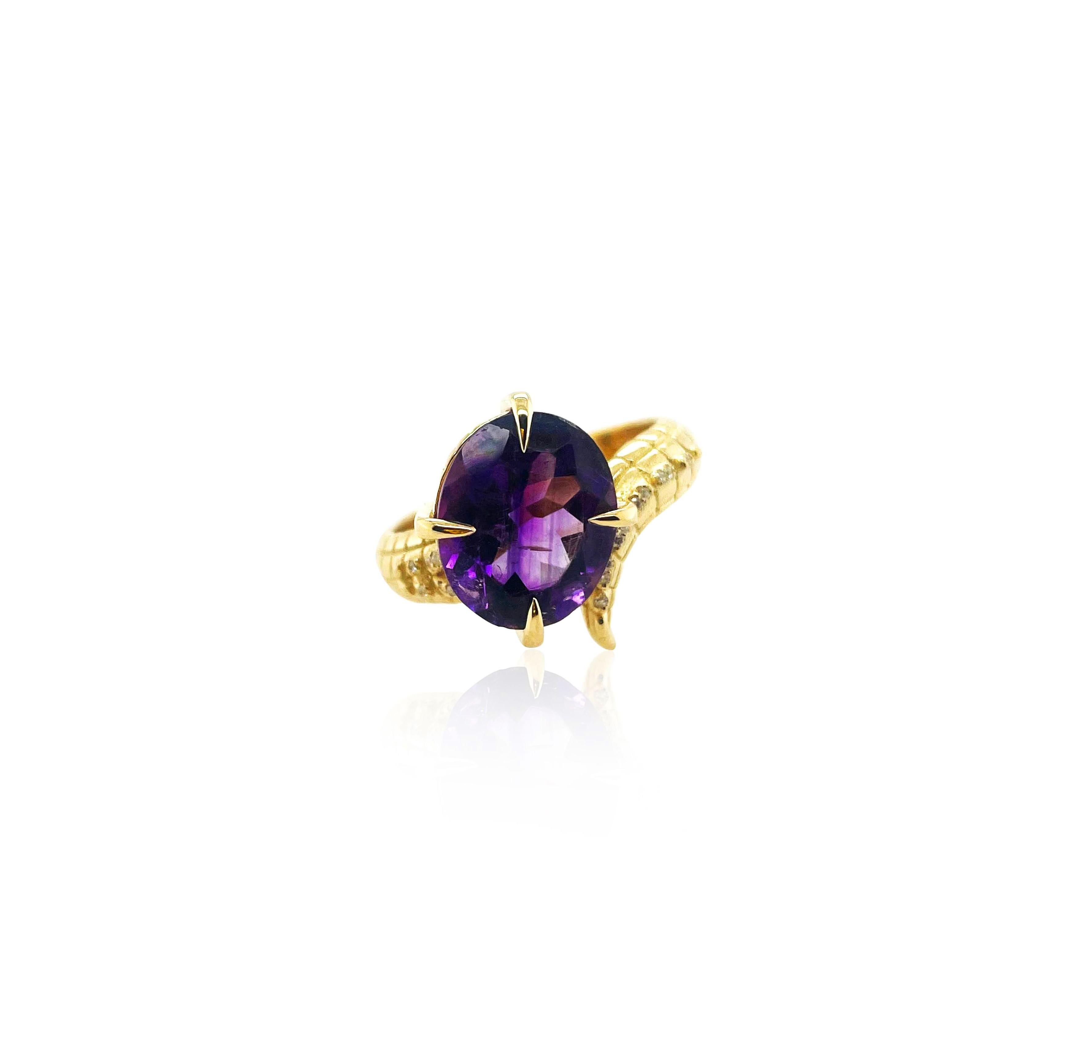 For Sale:  Croc Dragon Tail Ring with 5ct Oval Cut Amethyst with diamond spikes  8