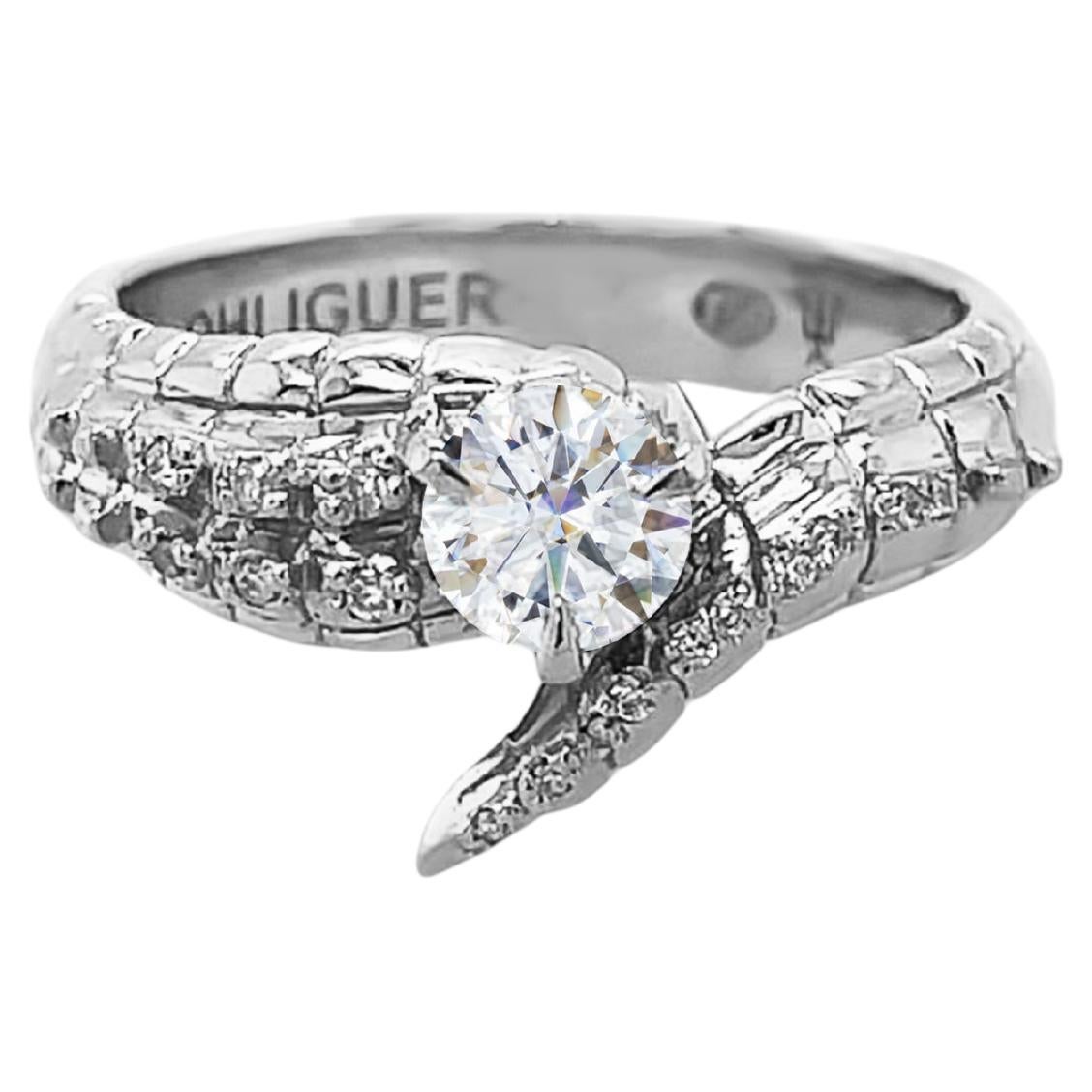 For Sale:  Croc Tail Ring with Round Brilliant Cut Diamond in 18ct White Gold
