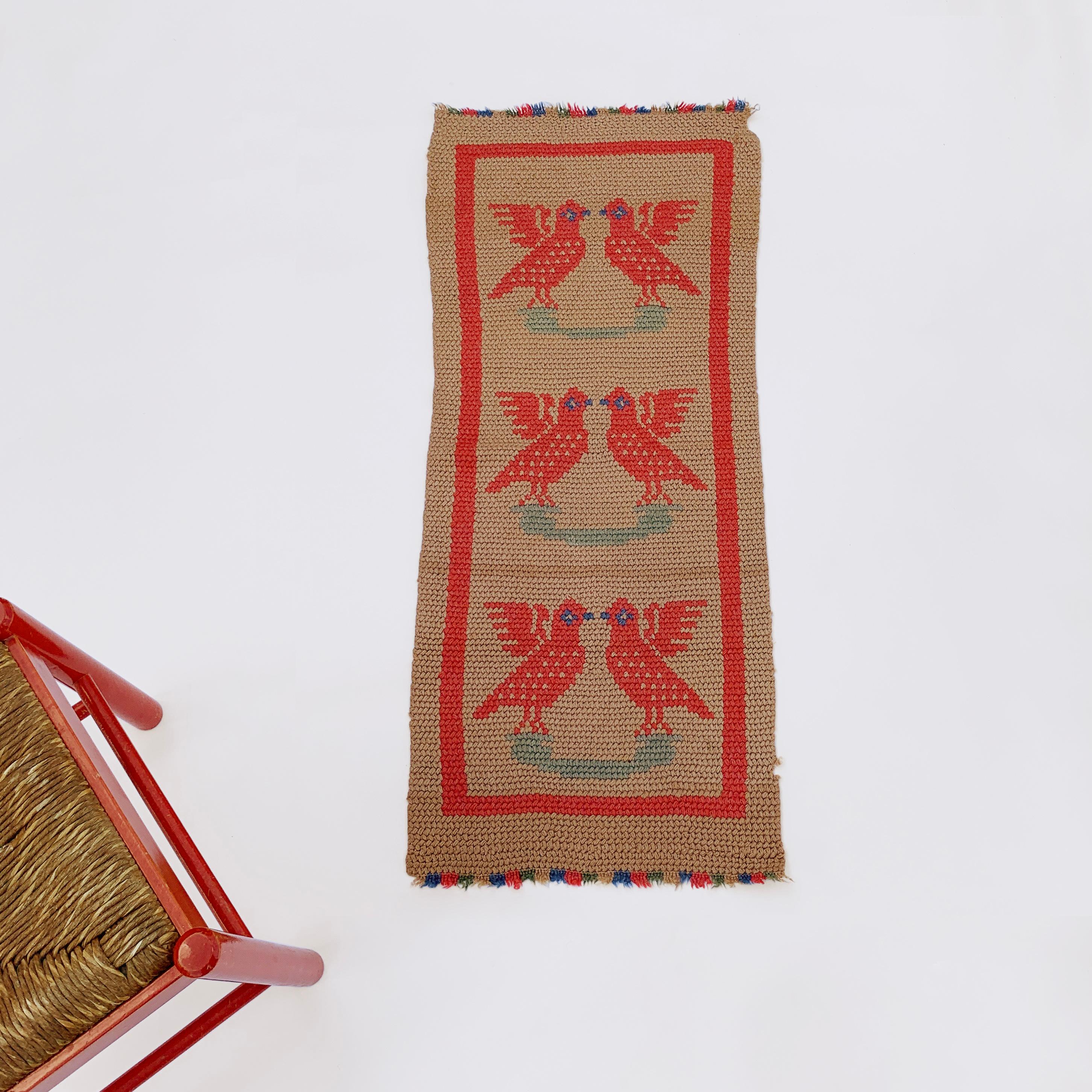 Folk Art Crochet Birds Runner Small Rug 1920s Vintage Wool Christmas Wall Hanging Floor