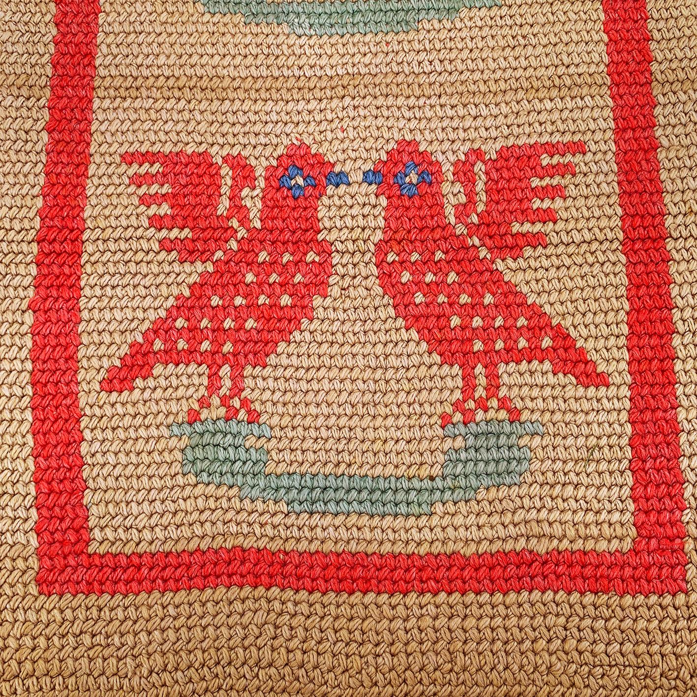 Hand-Crafted Crochet Birds Runner Small Rug 1920s Vintage Wool Christmas Wall Hanging Floor