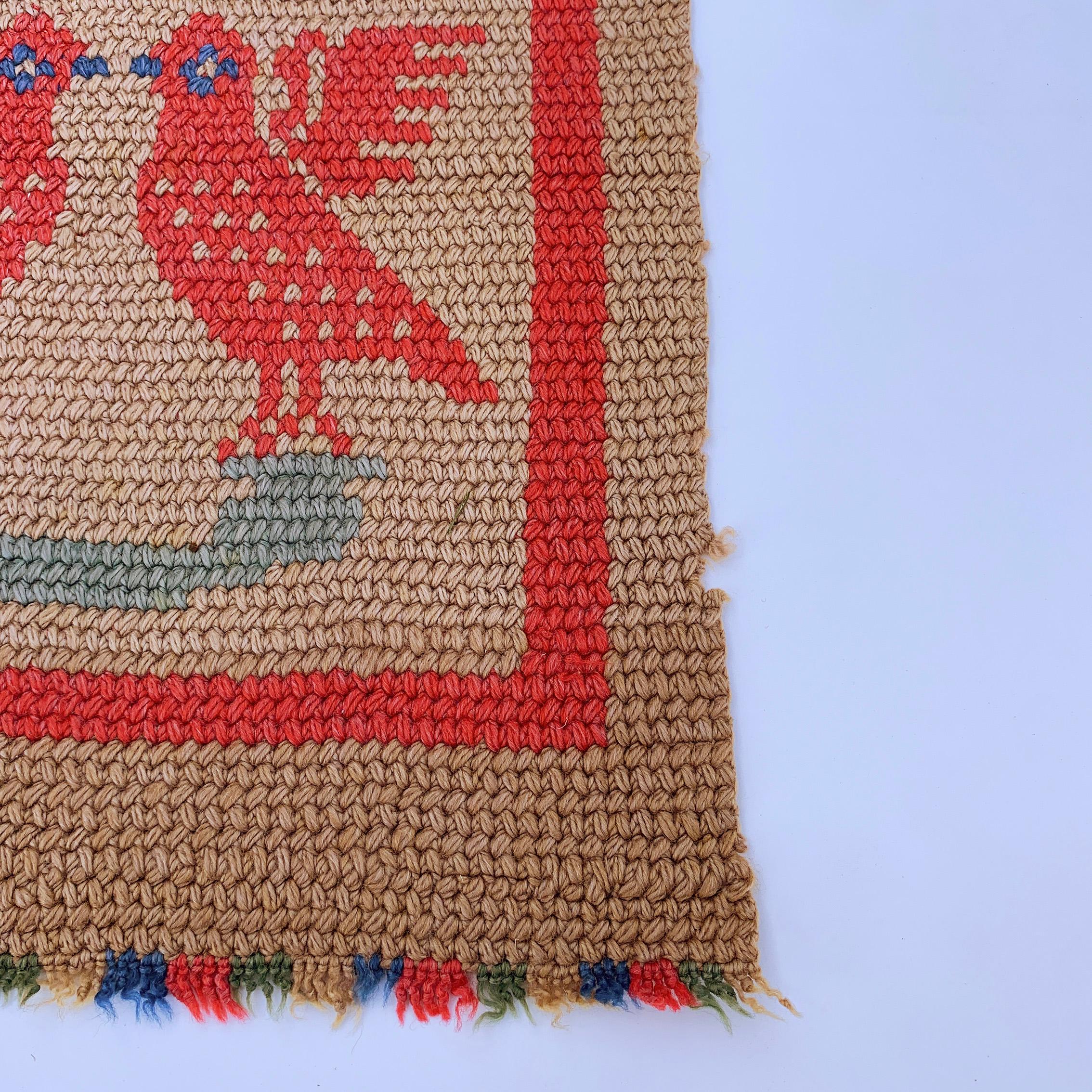 Crochet Birds Runner Small Rug 1920s Vintage Wool Christmas Wall Hanging Floor In Good Condition In London, GB