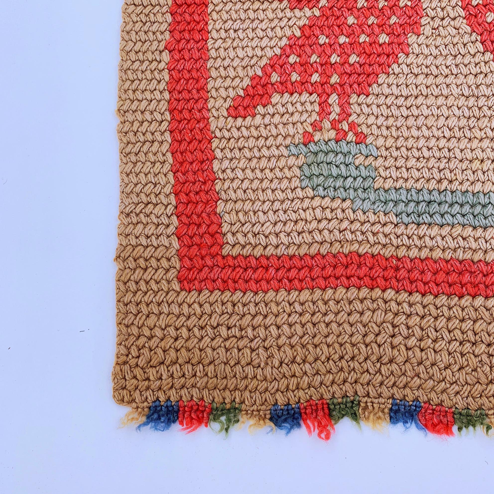 Early 20th Century Crochet Birds Runner Small Rug 1920s Vintage Wool Christmas Wall Hanging Floor