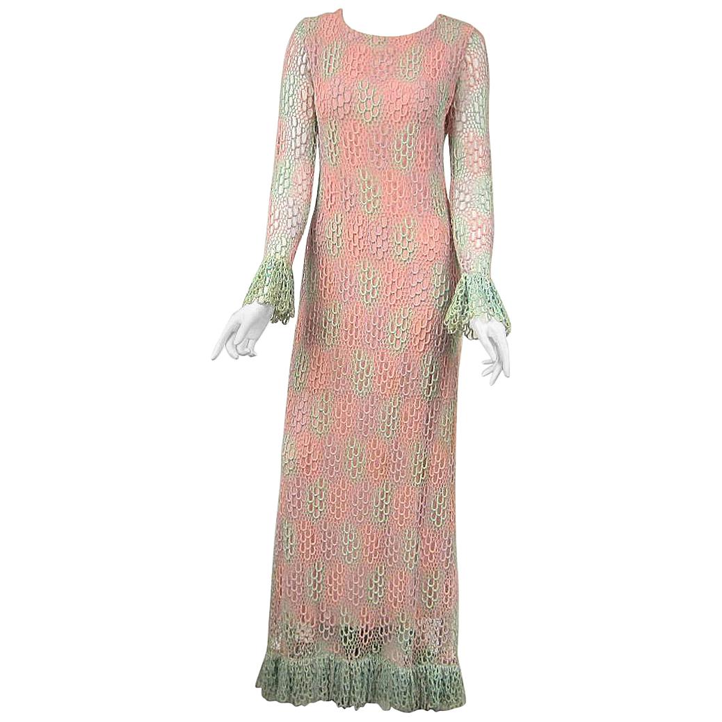  Crochet Maxi Dress Pastel Rainbow Vintage 1970s  For Sale