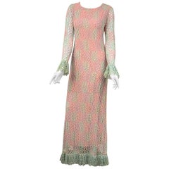  Crochet Maxi Dress Pastel Rainbow Antique 1970s 