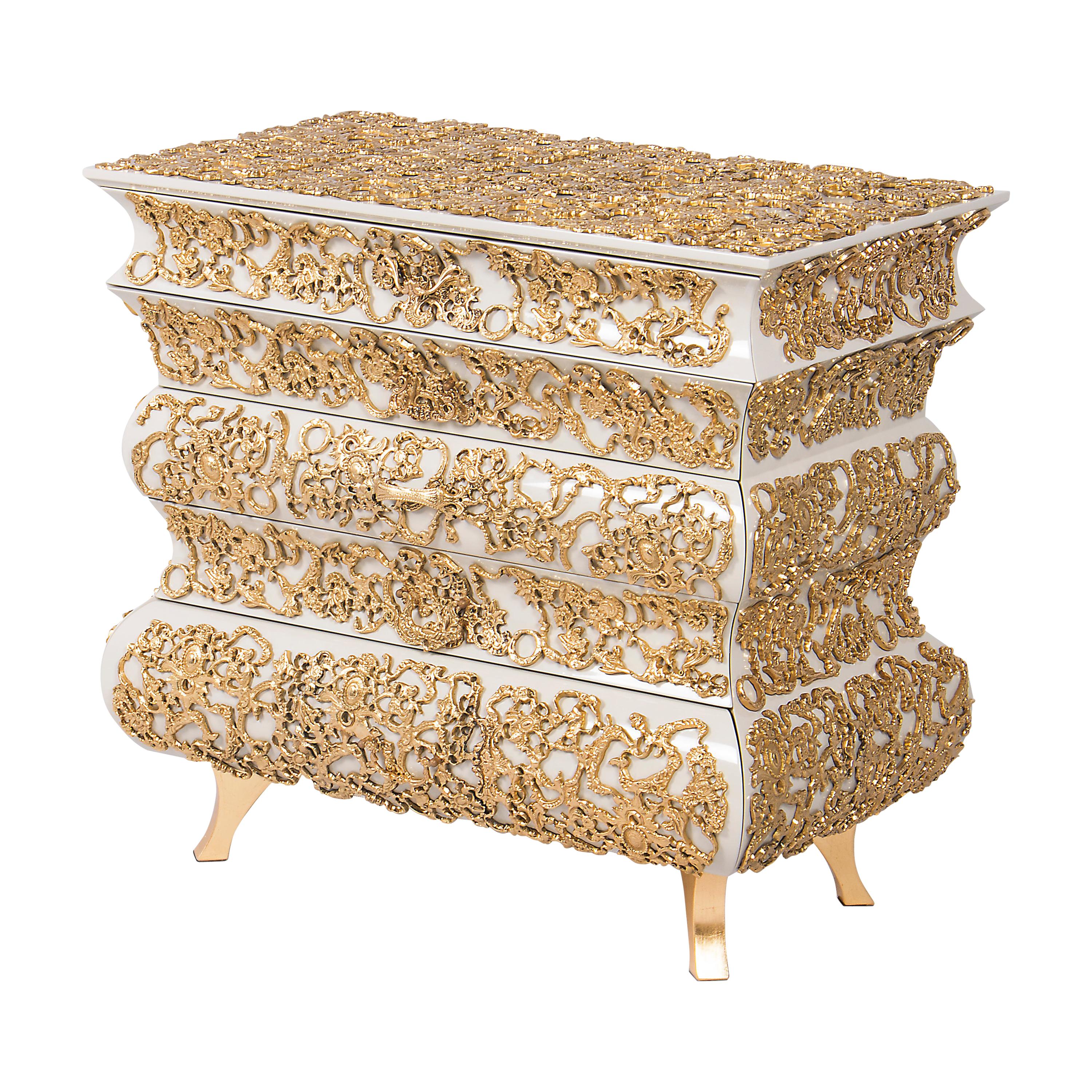 Crochet Nightstand with Brass and Gold Leaf Detail For Sale