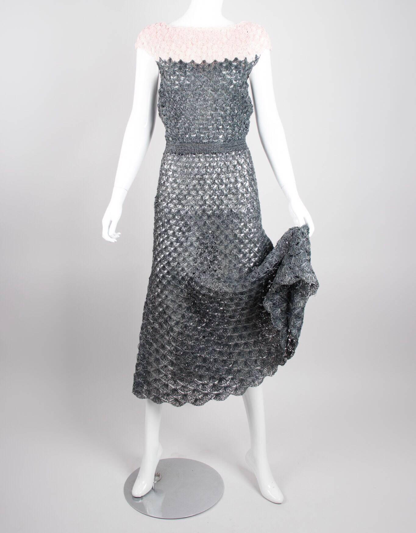 Gray Crochet Raffia Dress circa 1950s 
