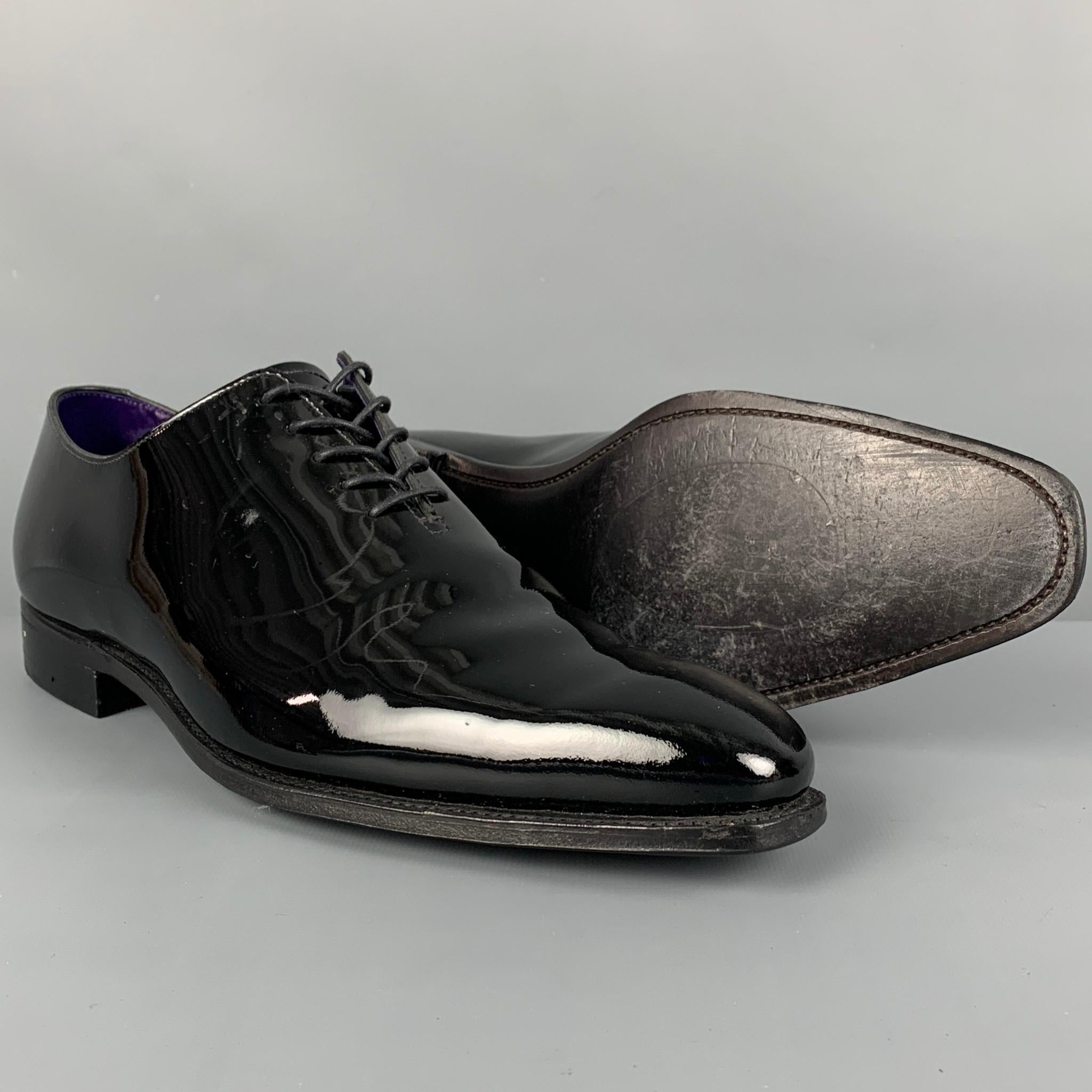 CROCKETT & JONES for BARNEY'S NEW YORK loafers comes in a black patent leather featuring a square toe and a lace up closure. Made in England. 

Very Good Pre-Owned Condition.
Marked: 9 D

Outsole: 12.25 in. x 4 in. 