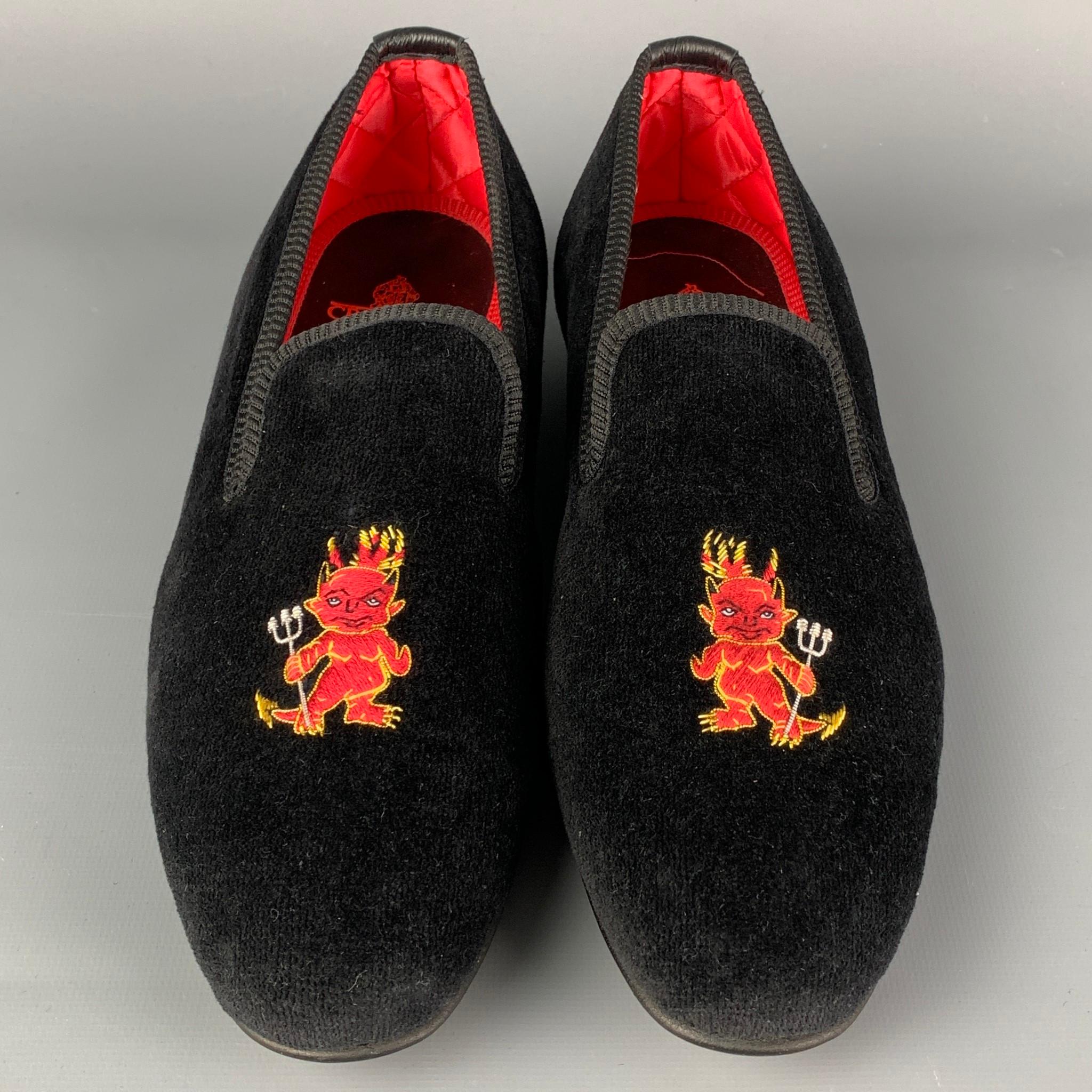 CROCKETT and JONES Size 8 Black Cheeky Devil Embroidery Velvet Slip On  Loafers For Sale at 1stDibs