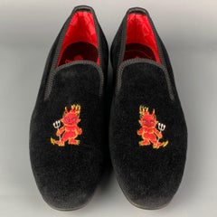 CROCKETT & JONES Size 8 Black Cheeky Devil Embroidery Velvet Slip On Loafers