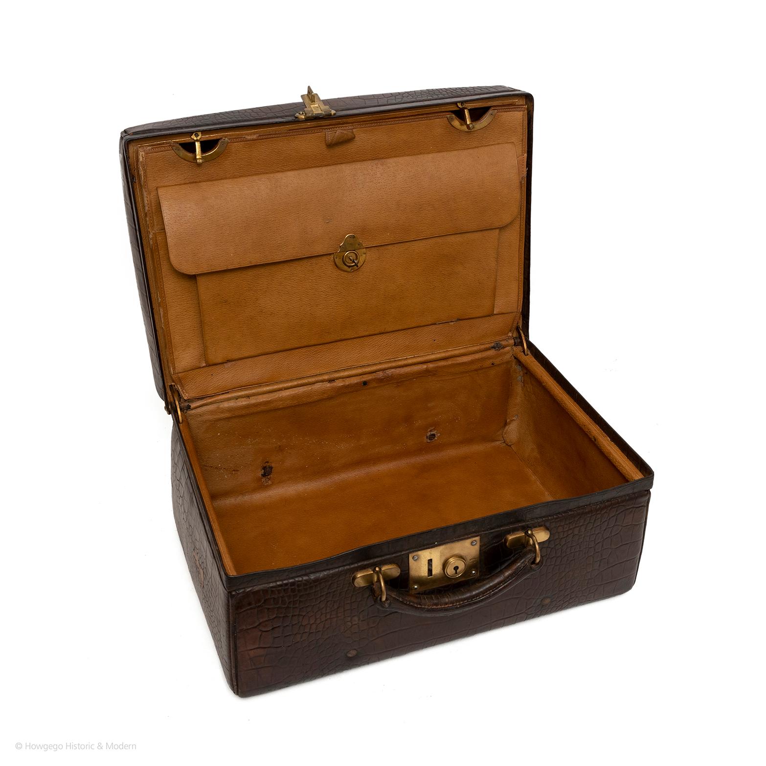 Art Deco Crocodile Attache Briefcase Overnight Case Original Leather Interior For Sale