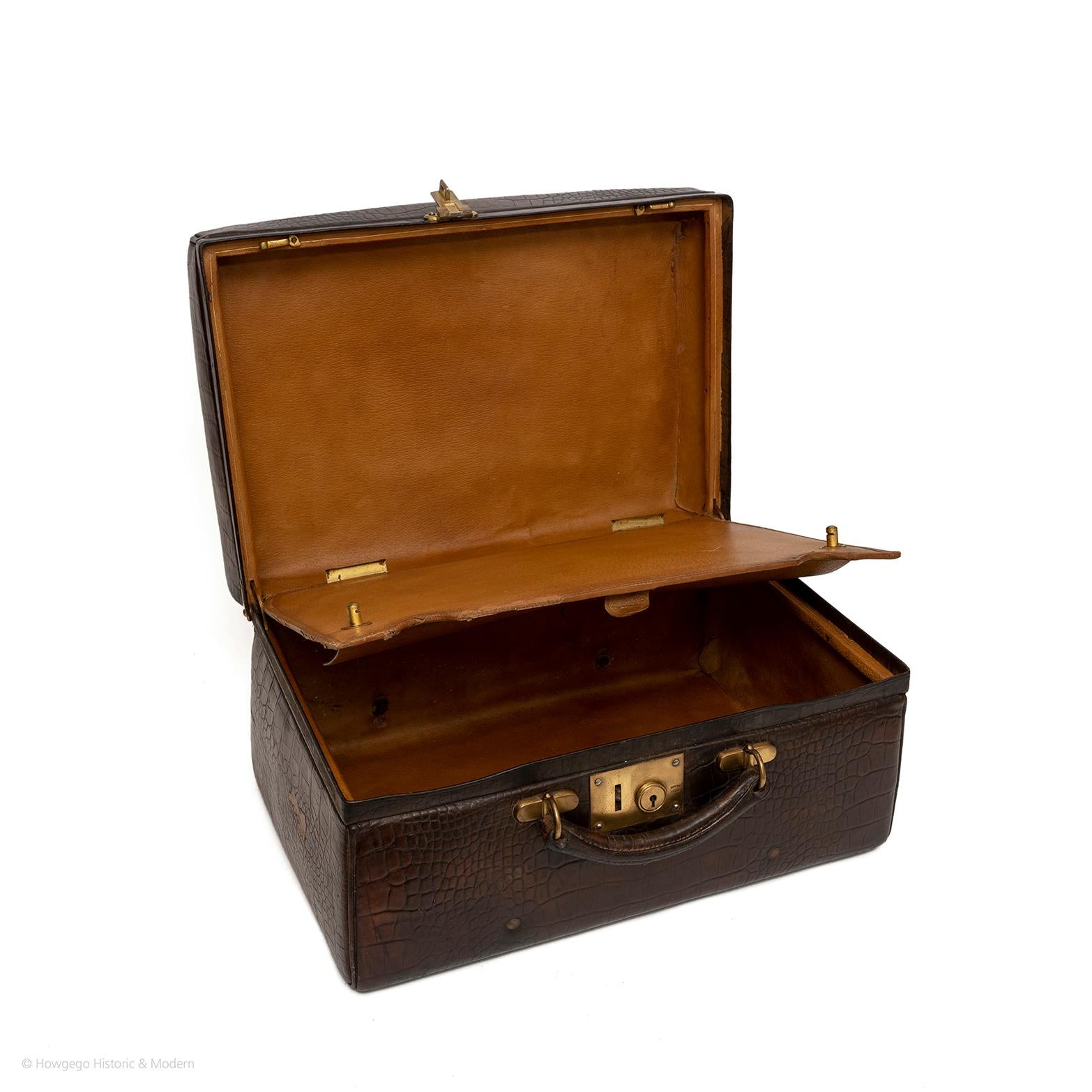 English Crocodile Attache Briefcase Overnight Case Original Leather Interior For Sale