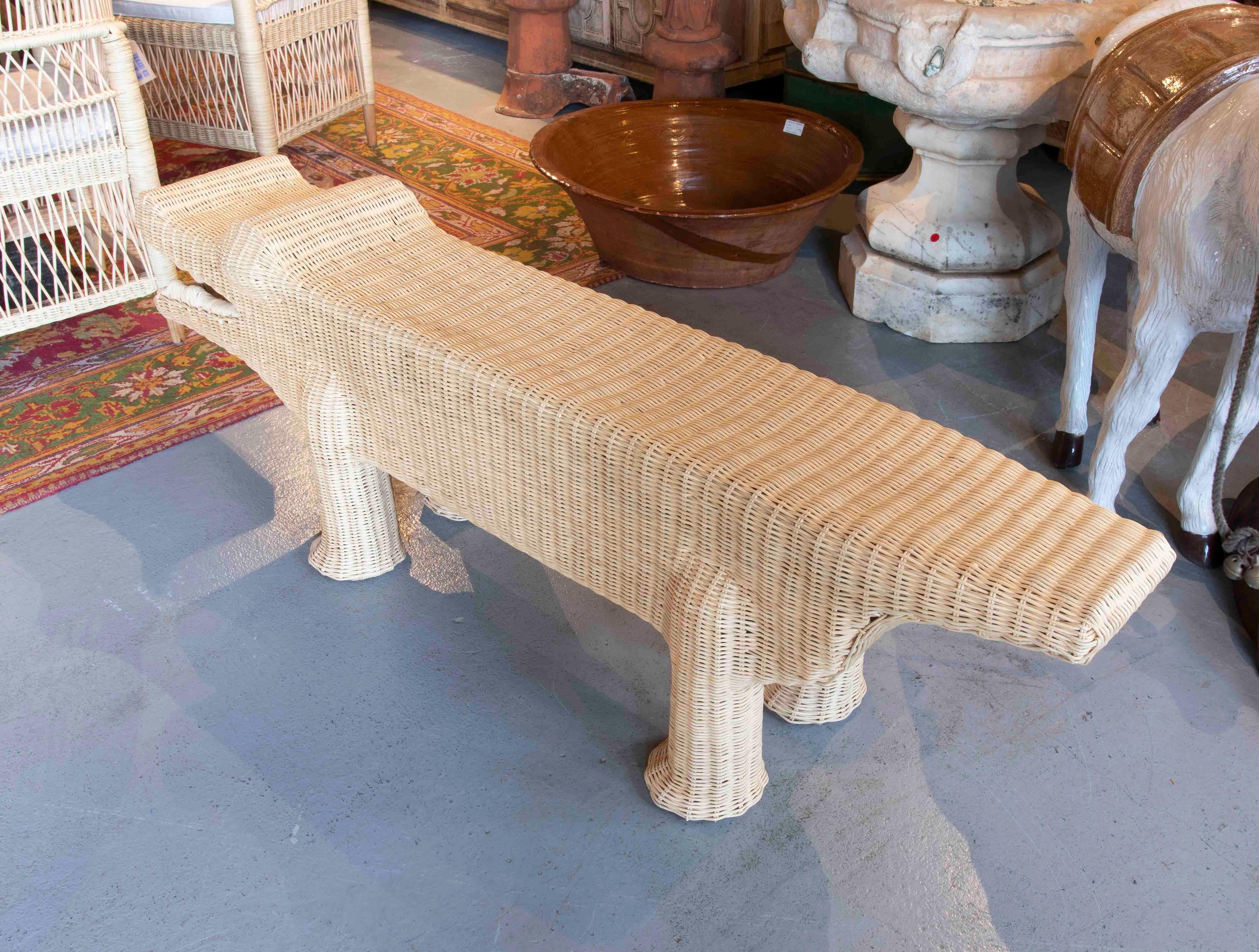 European Crocodile Bench Made of Wicker with Iron Structure in Natural Tone