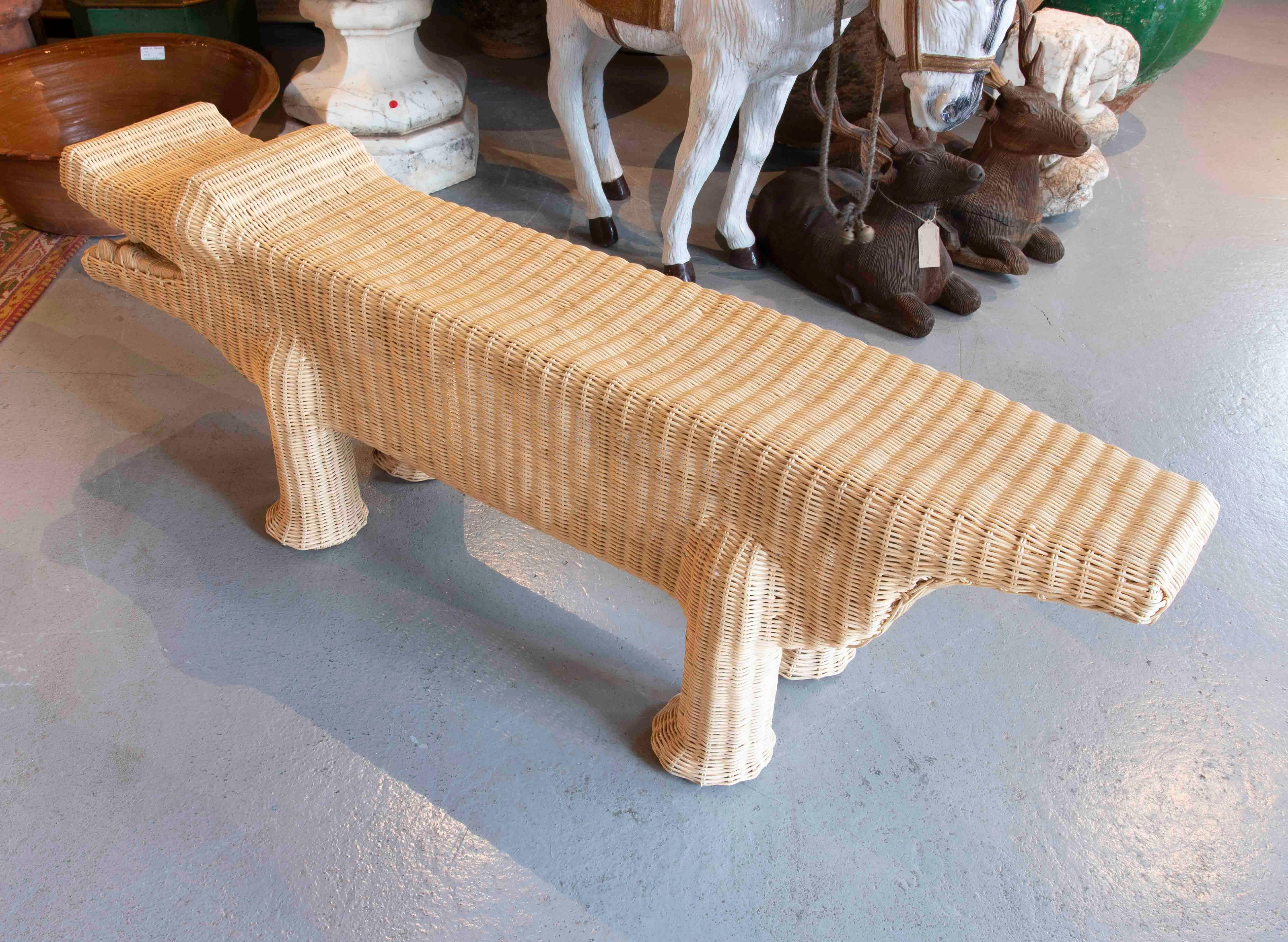 Contemporary Crocodile Bench Made of Wicker with Iron Structure in Natural Tone