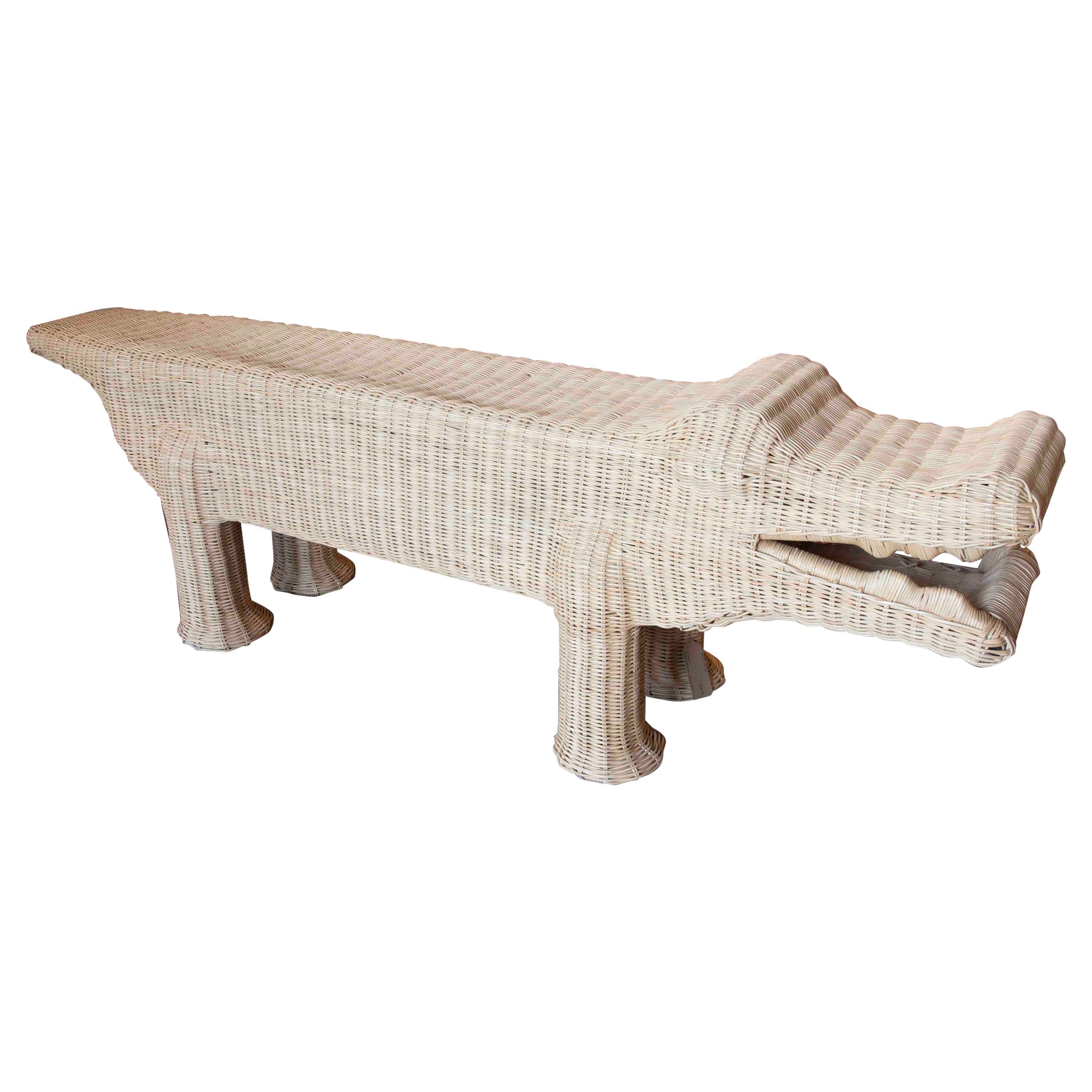 Crocodile Bench Made of Wicker with Iron Structure in Natural Tone For Sale