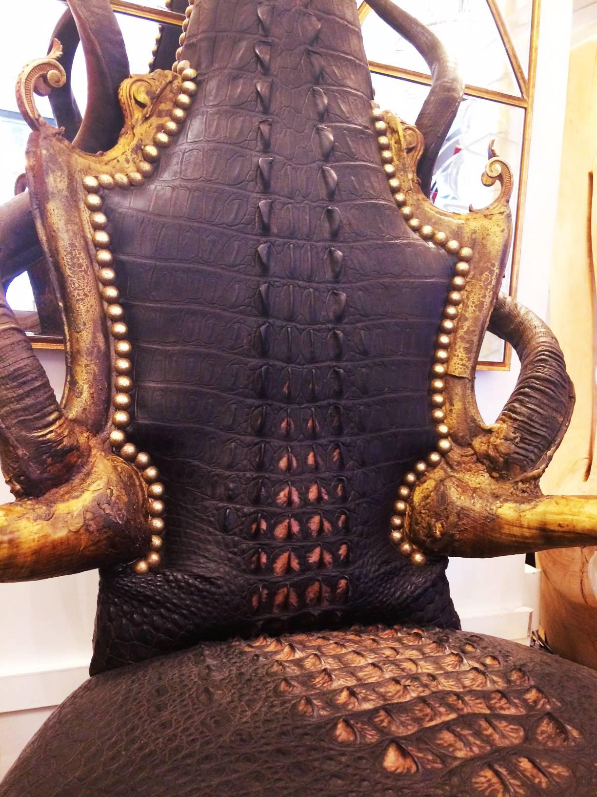French Crocodile Black Sharp Armchair with Real Horns For Sale