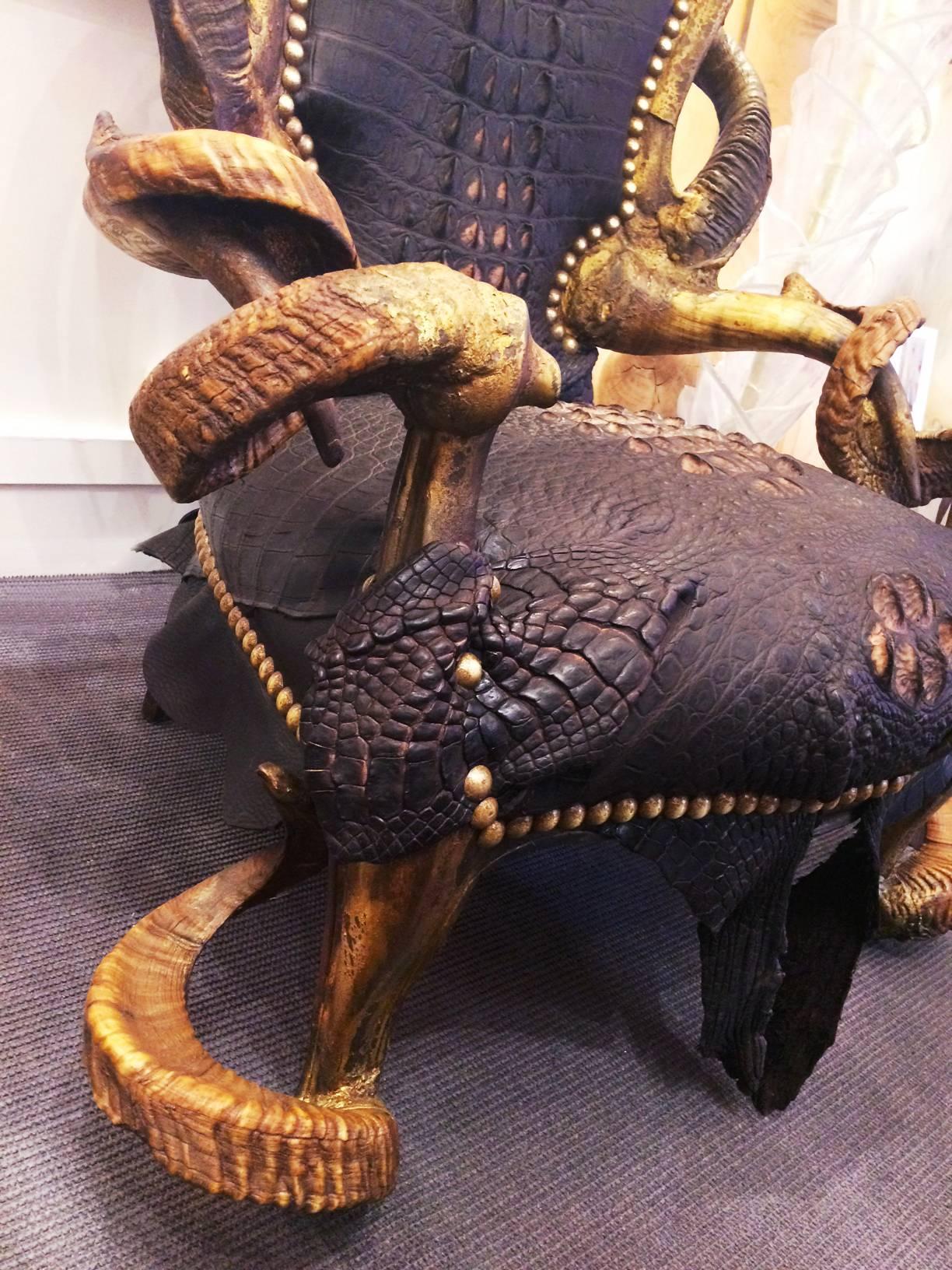 Hand-Crafted Crocodile Black Sharp Armchair with Real Horns For Sale