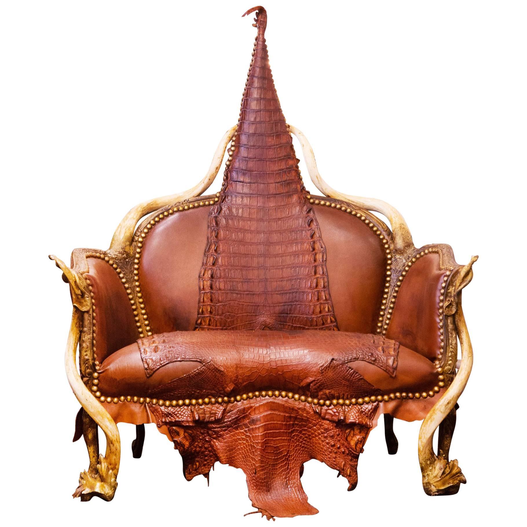 Crocodile Brown Sofa with Real Nile Crocodile Skin and Natural Horns For Sale