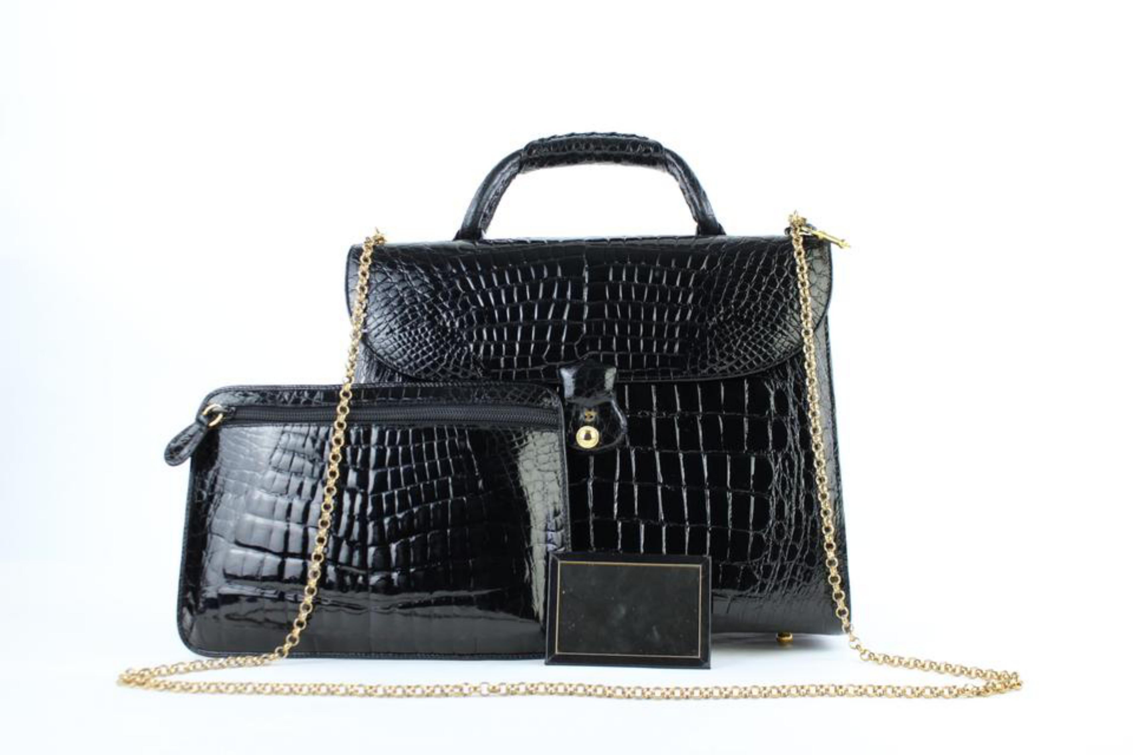 Crocodile Crossbody Kelly 12mt922 Black Leather Satchel In Good Condition For Sale In Forest Hills, NY