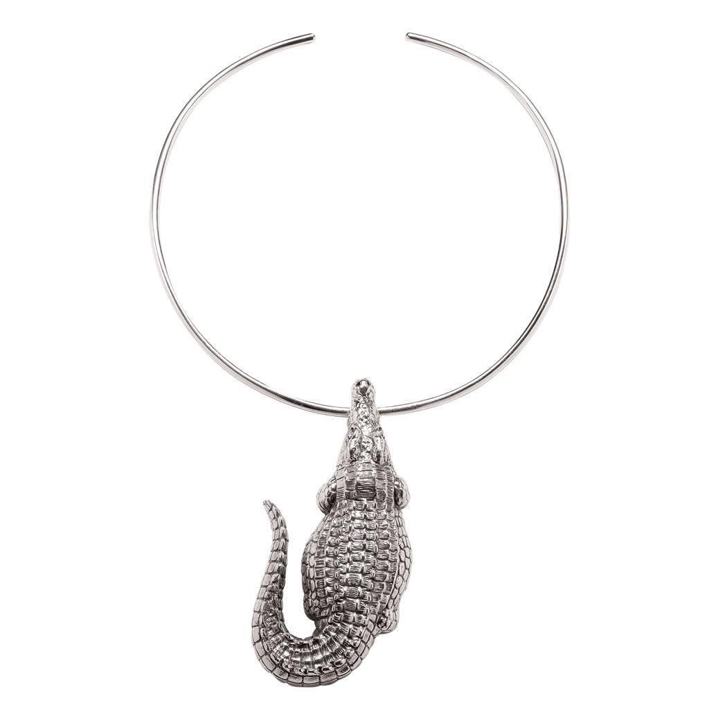 Crocodile Curled and Wire Sterling Silver Choker Necklace  For Sale