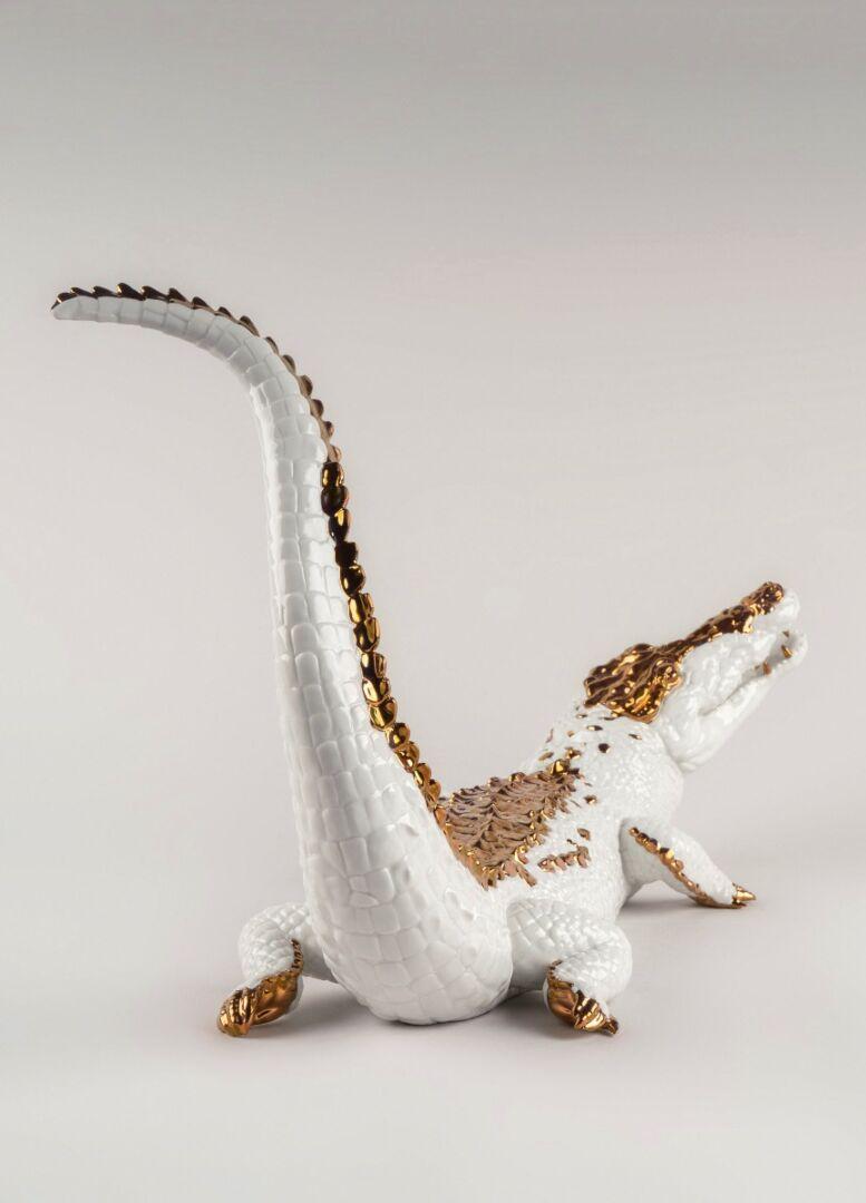 Lladró Crocodile Figurine, Glazed White and Copper 1