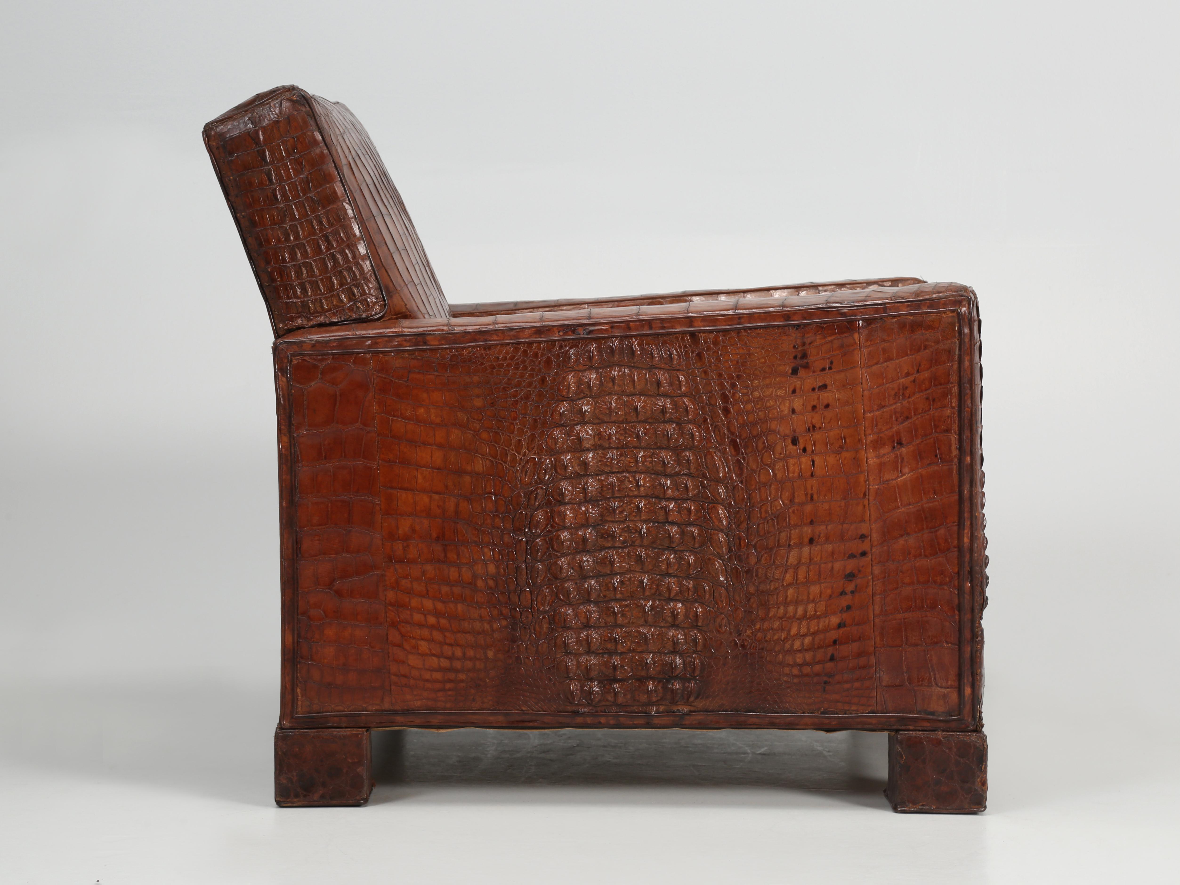 French Crocodile Club Chair, circa 1920's originally from the Burgundy region of France, in the small walled town of Beaune. The Romans built a fort there in the first century A.D. Our Crocodile Covered Art Deco Club Chair was described by the