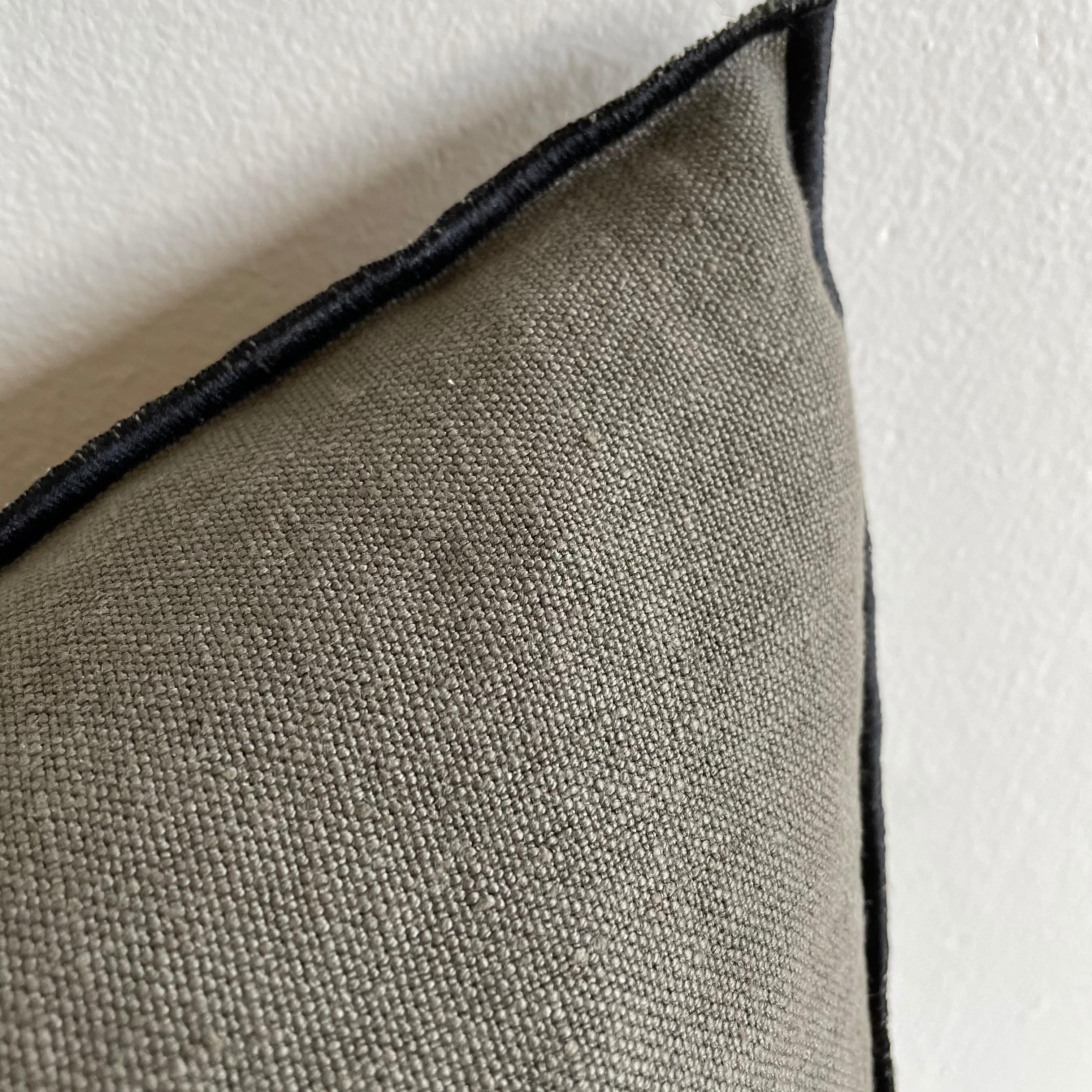 Custom linen blend accent pillow. Color: Crocodile A dark green / brown colored nubby textured style pillow with a stitched edge, metal zipper closure. Our pillows are constructed with vintage one of a kind textiles from around the globe. Carefully