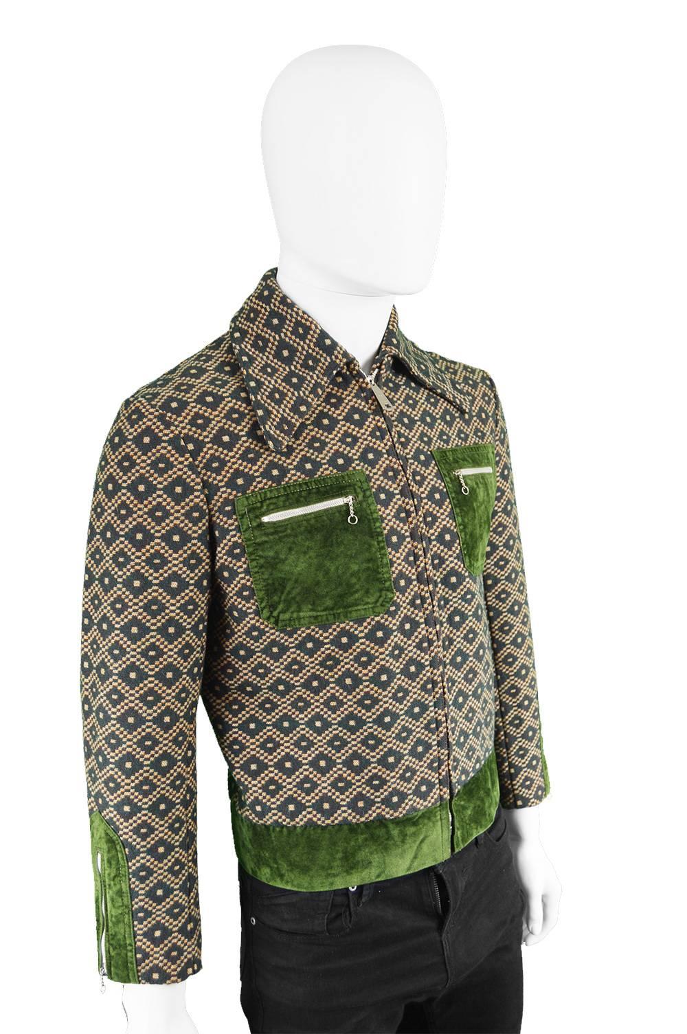 Black Crocodile Men's Vintage 1970s Woven Tapestry Jacket with Green Velvet Trim