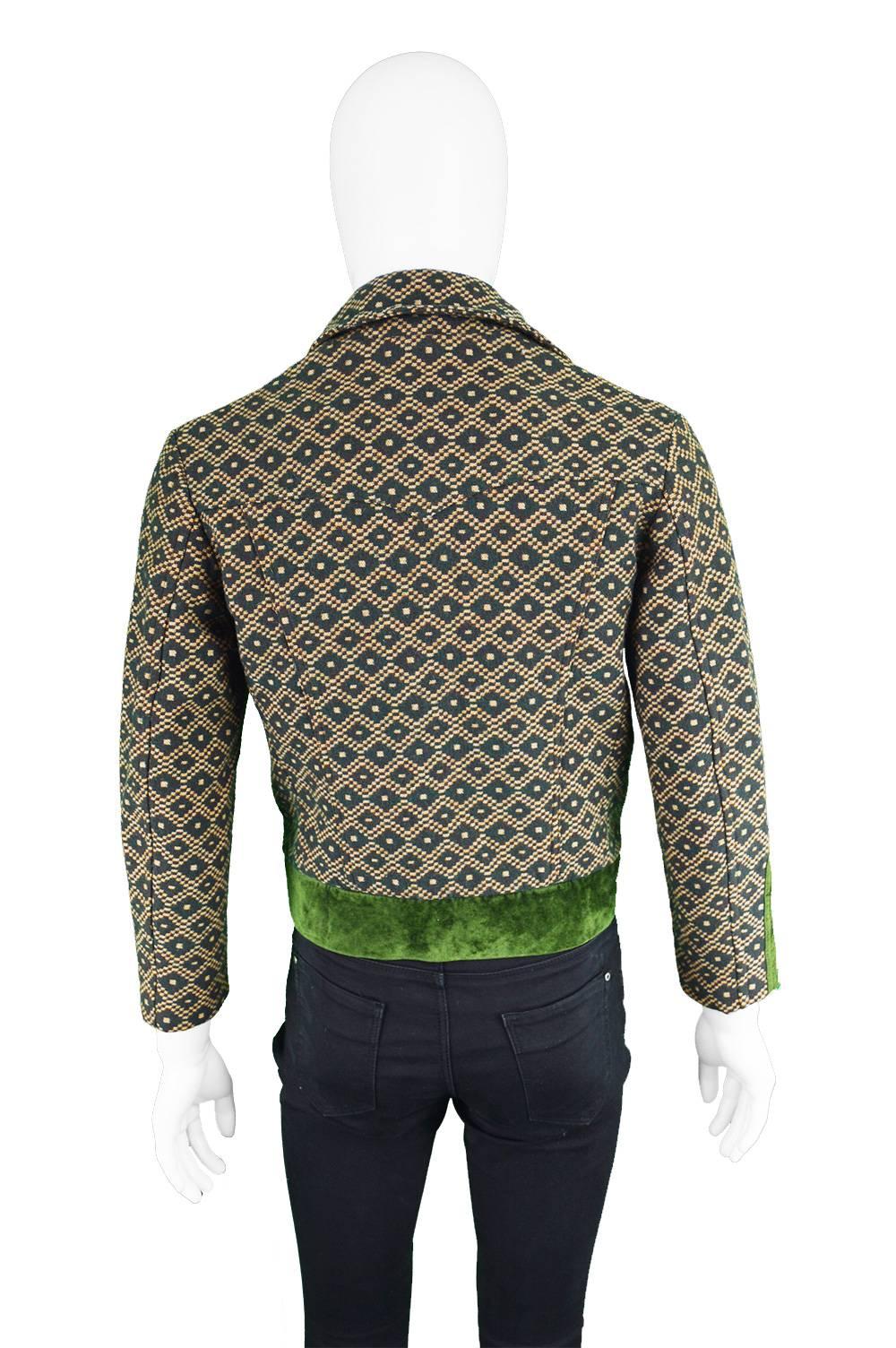Crocodile Men's Vintage 1970s Woven Tapestry Jacket with Green Velvet Trim In Excellent Condition In Doncaster, South Yorkshire