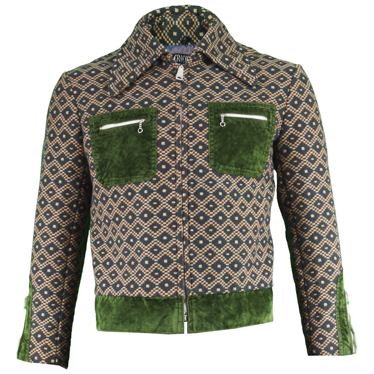 Crocodile Men's Vintage 1970s Woven Tapestry Jacket with Green Velvet Trim