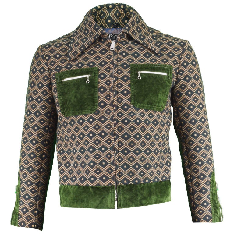 Crocodile Men's Vintage 1970s Woven Tapestry Jacket with Green Velvet