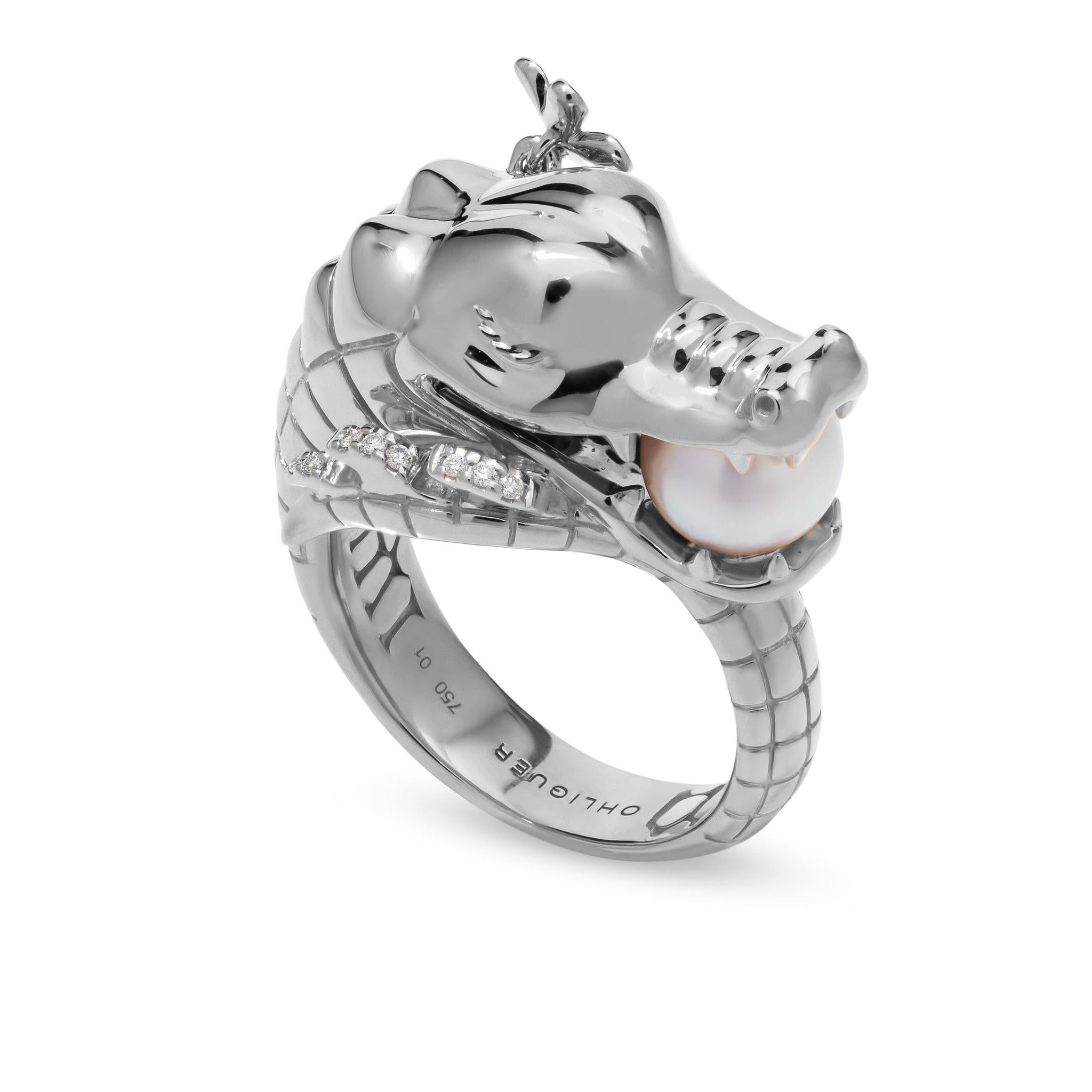 For Sale:  Crocodile Ring with Australian Akoya Pearl in 18ct White Gold