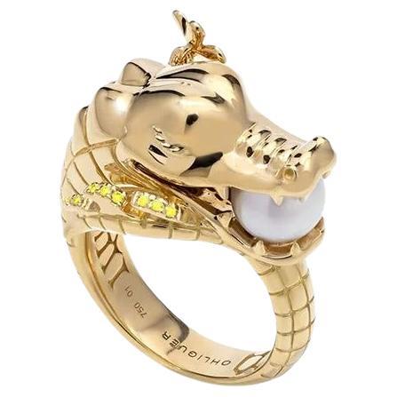 For Sale:  Croc Ring with Australian Akoya Pearl in 18ct Yellow Gold with yellow diamonds