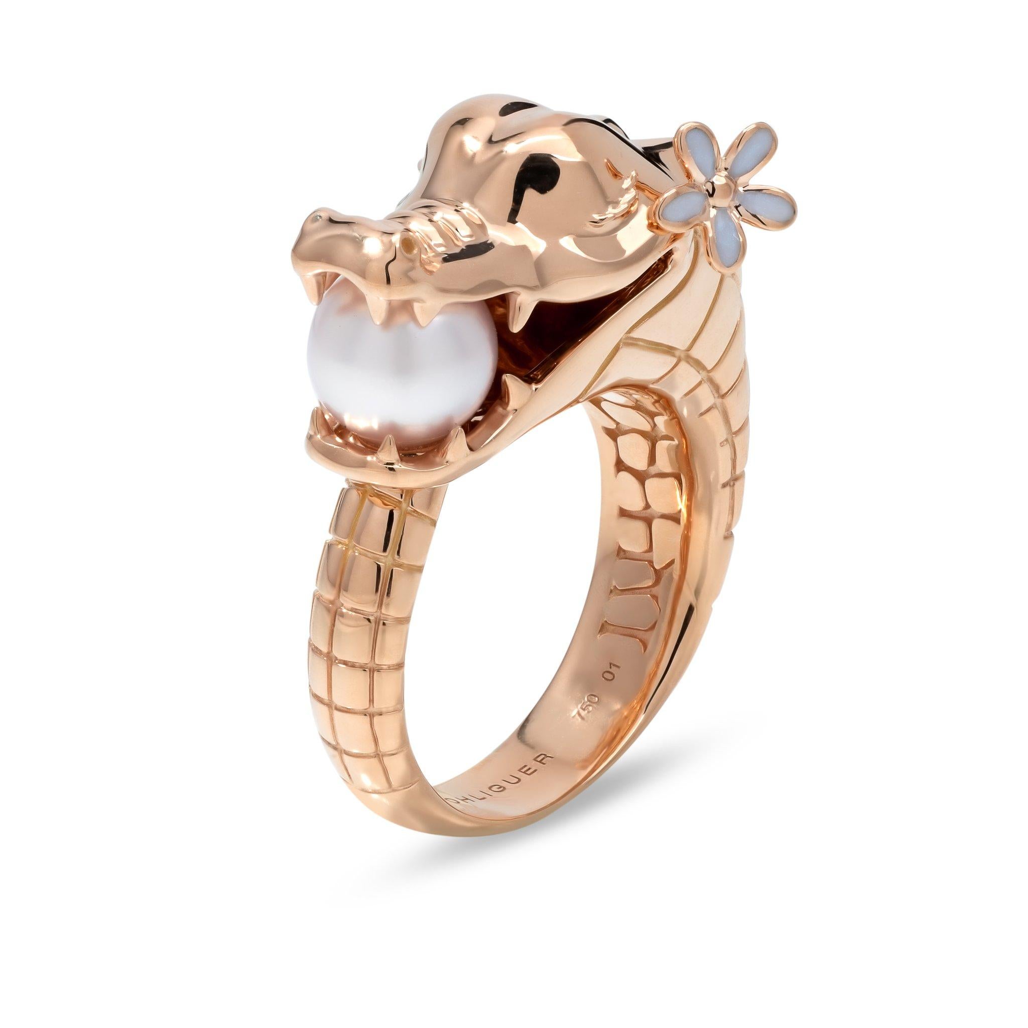 En vente :  Bague en croco avec perle d' Akoya australienne en or rose 18 carats et diamants roses 5