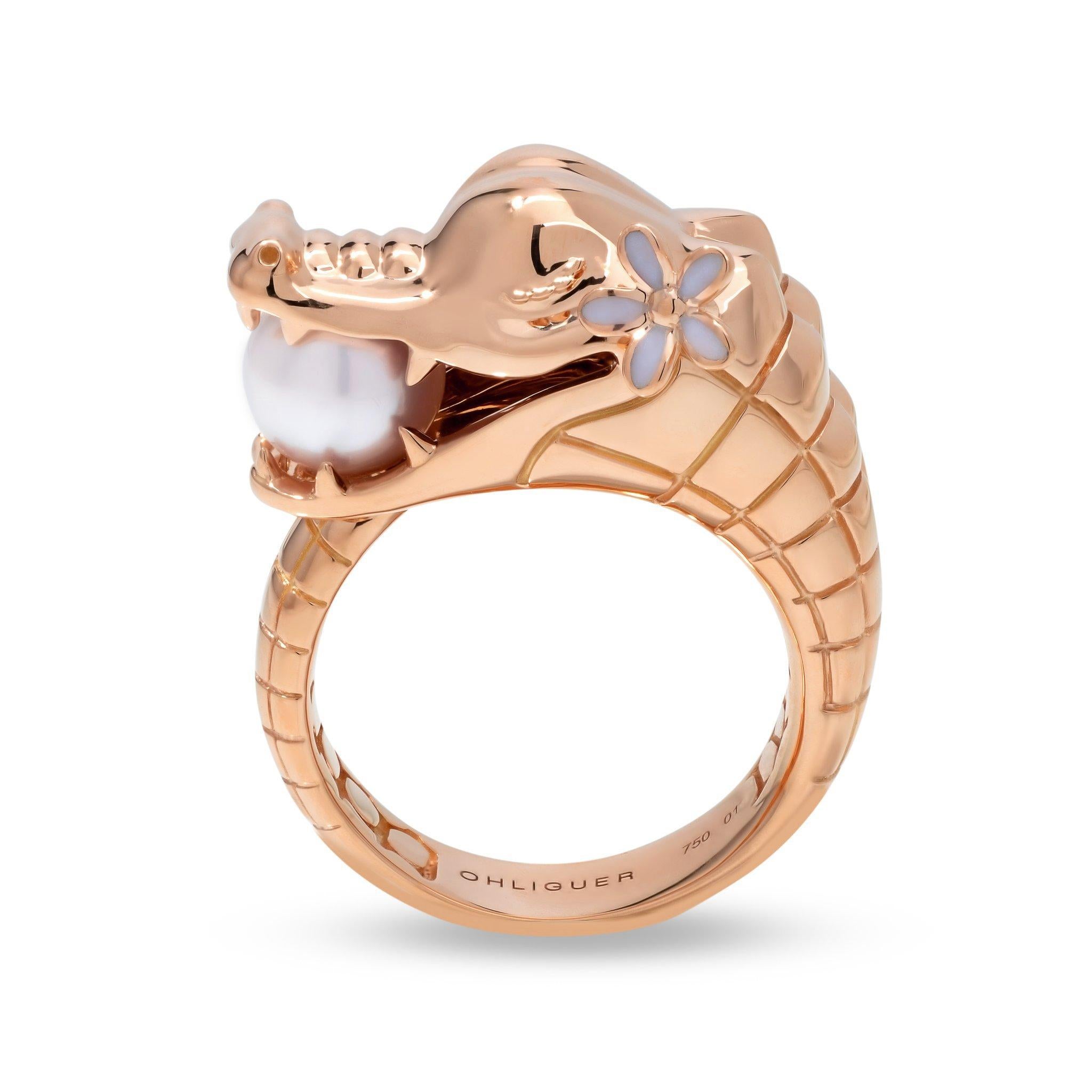 En vente :  Bague en croco avec perle d' Akoya australienne en or rose 18 carats et diamants roses 3